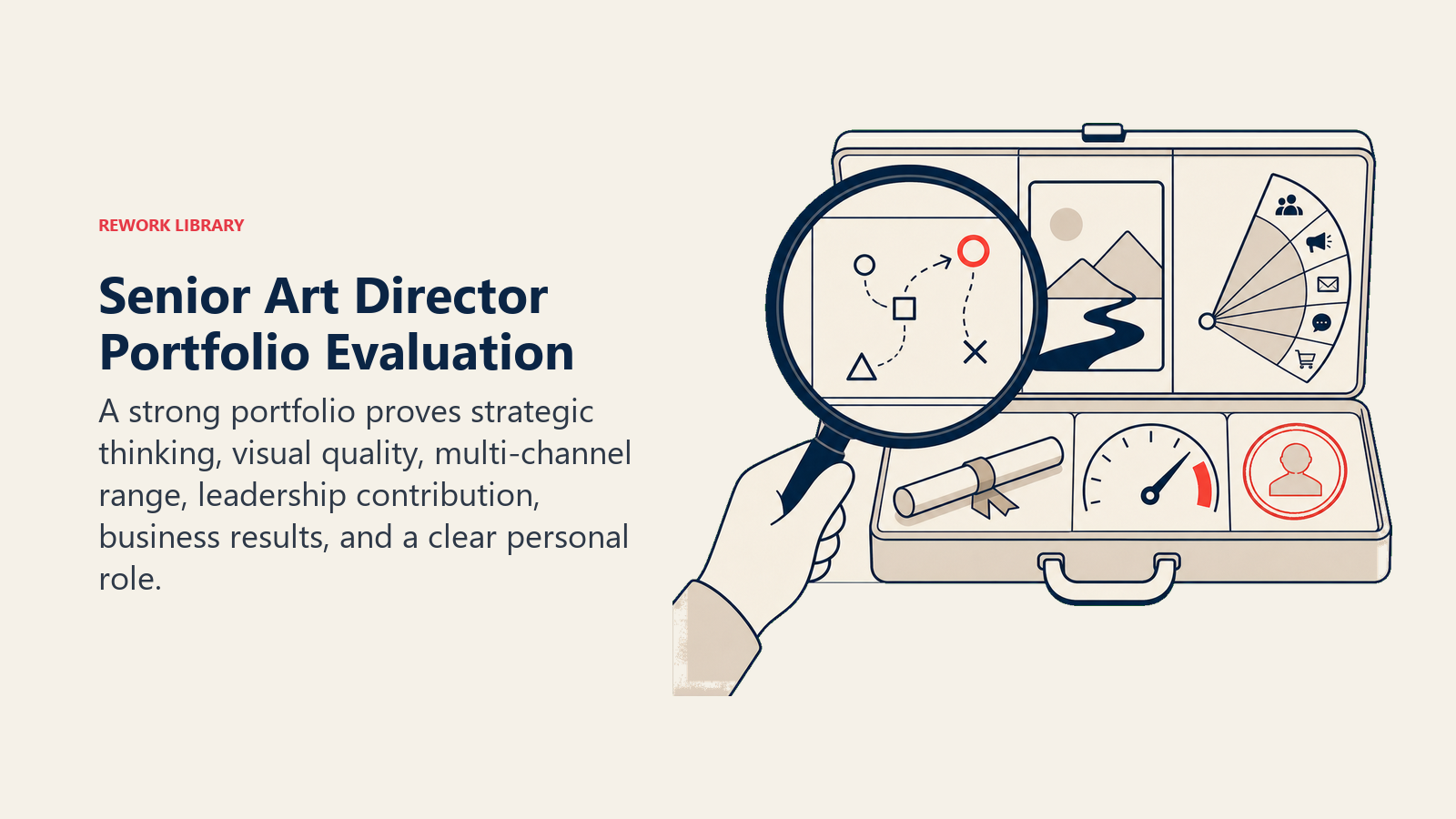 Senior Art Director Portfolio Evaluation illustrated with portfolio curator lens
