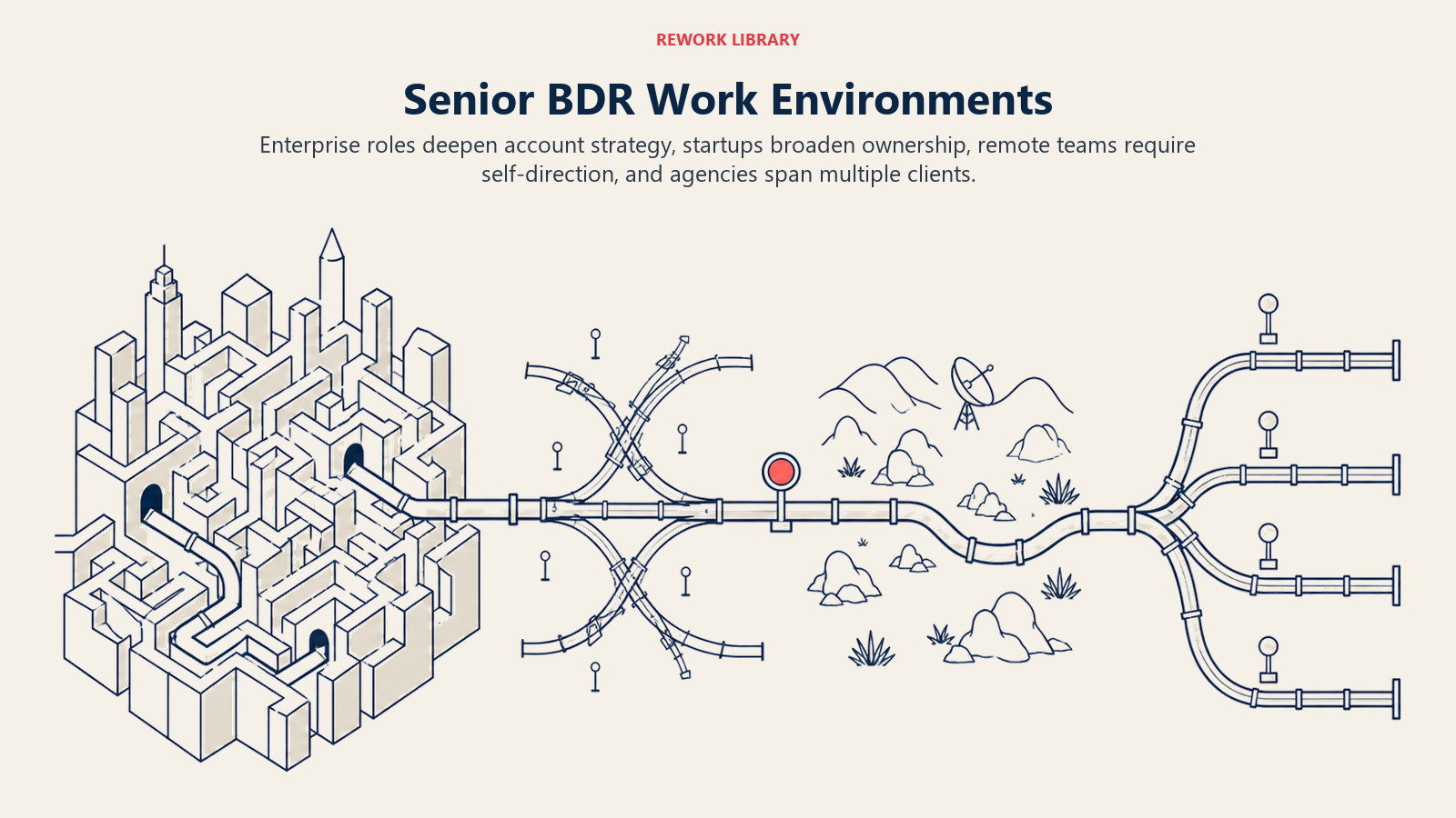 Senior BDR work environments shown as enterprise, startup, remote, and agency prospecting terrains