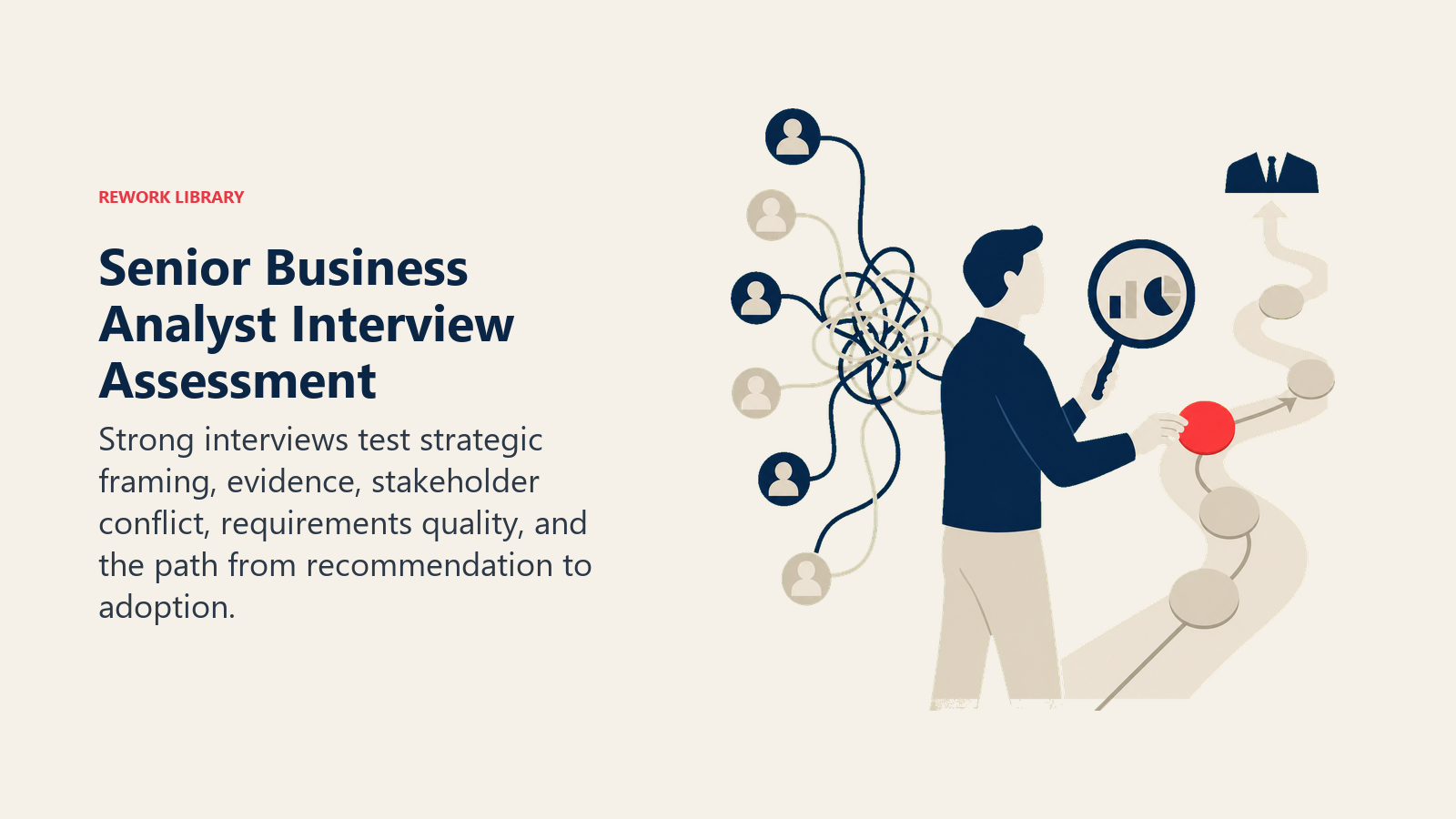 Senior Business Analyst Interview Assessment illustrated with candidate untangling stakeholder knot and placing validated recommendation on decision path