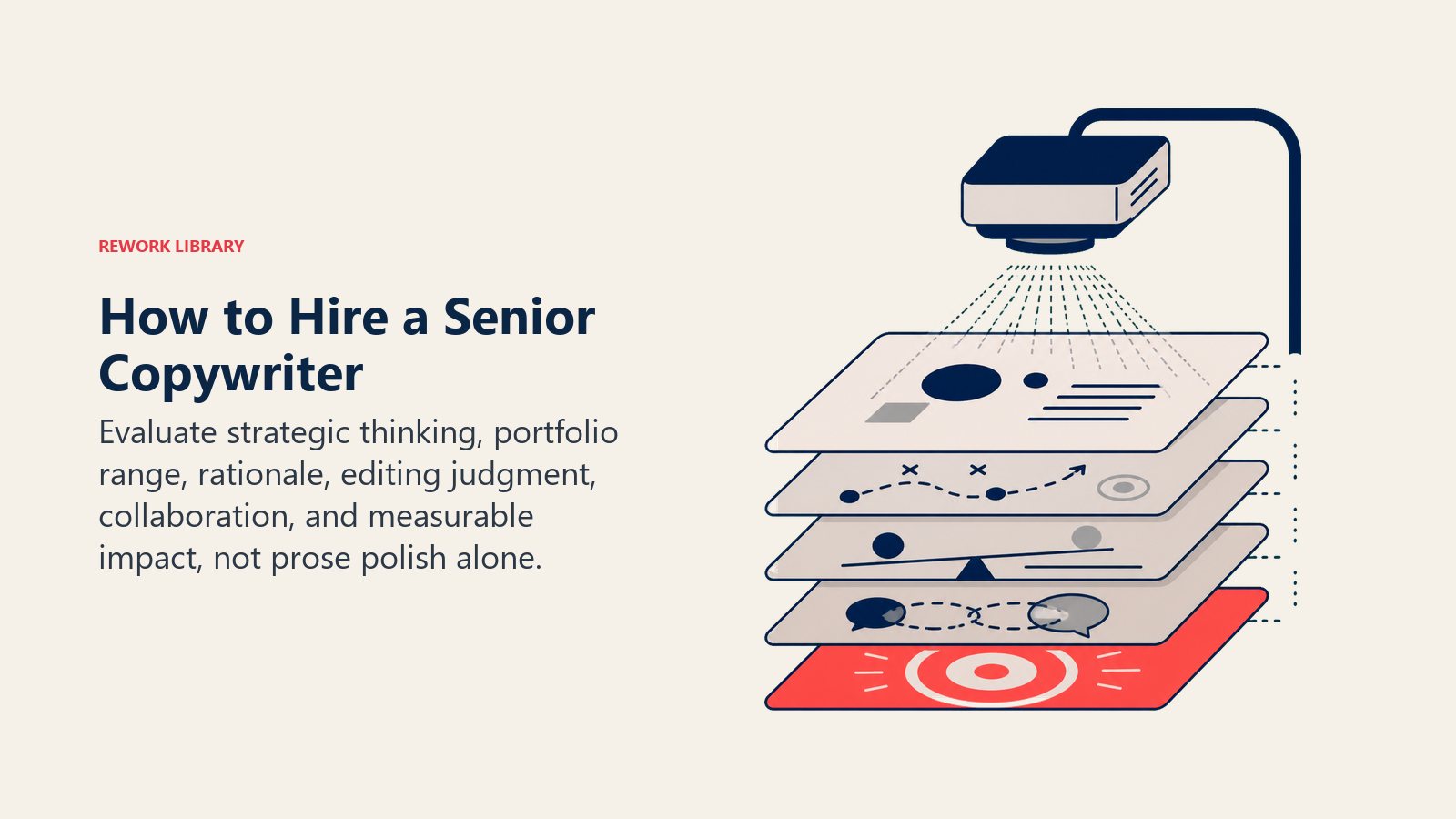How to hire a Senior Copywriter visual scanning beneath polished samples for strategy, range, rationale, editing, collaboration, and impact