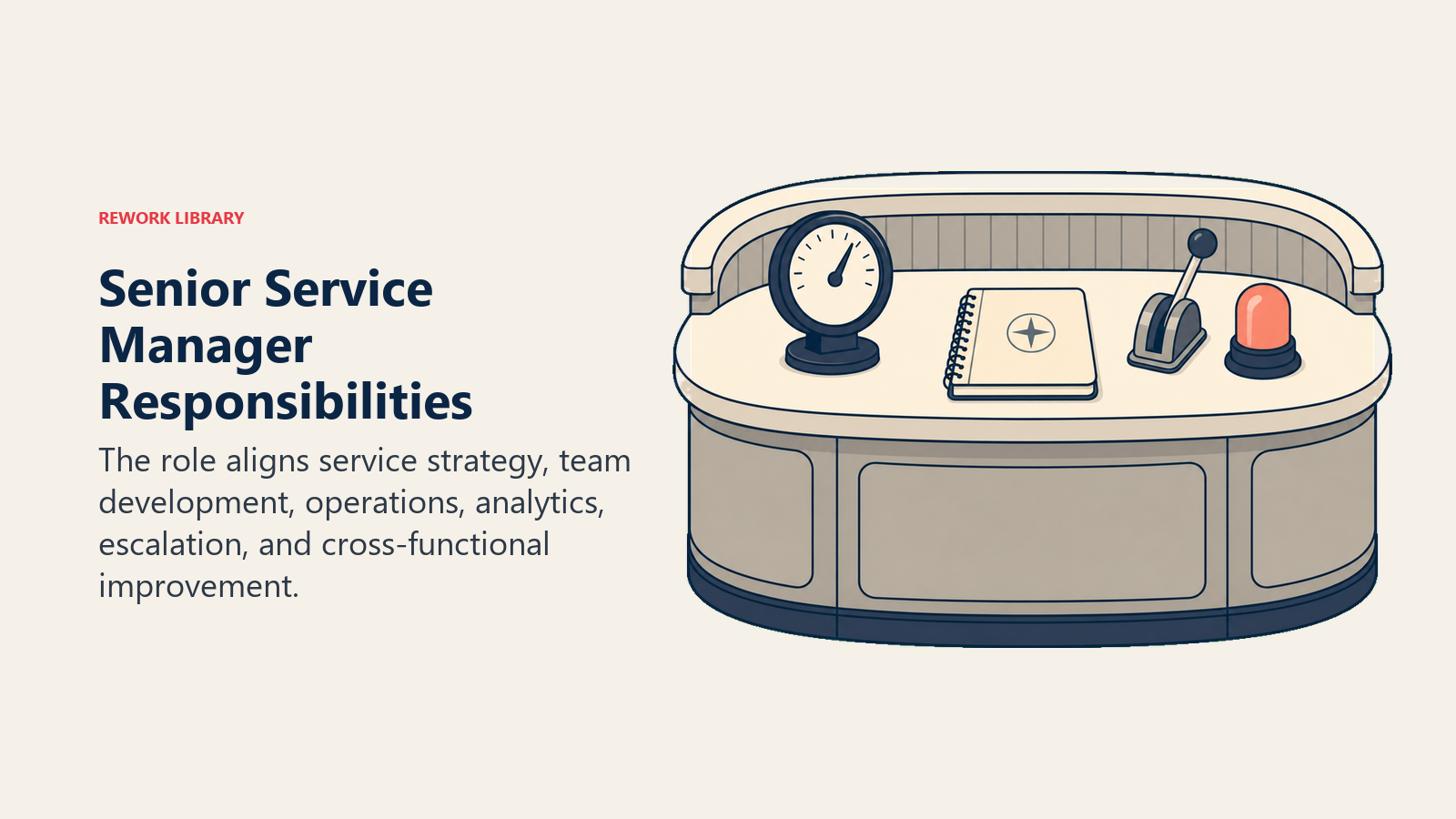 Senior service manager responsibilities represented by a control desk for queues, coaching, escalation, and outcomes