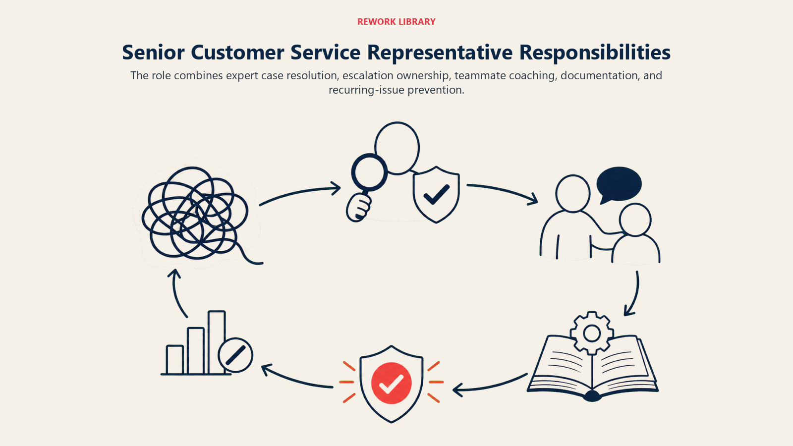 Senior Customer Service Representative Responsibilities illustrated with support escalation loop