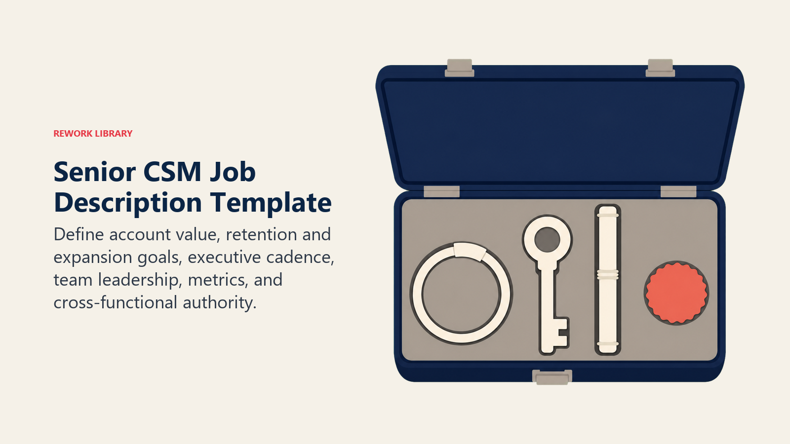 Senior CSM job description template represented by an account portfolio, expansion key, and mentoring baton