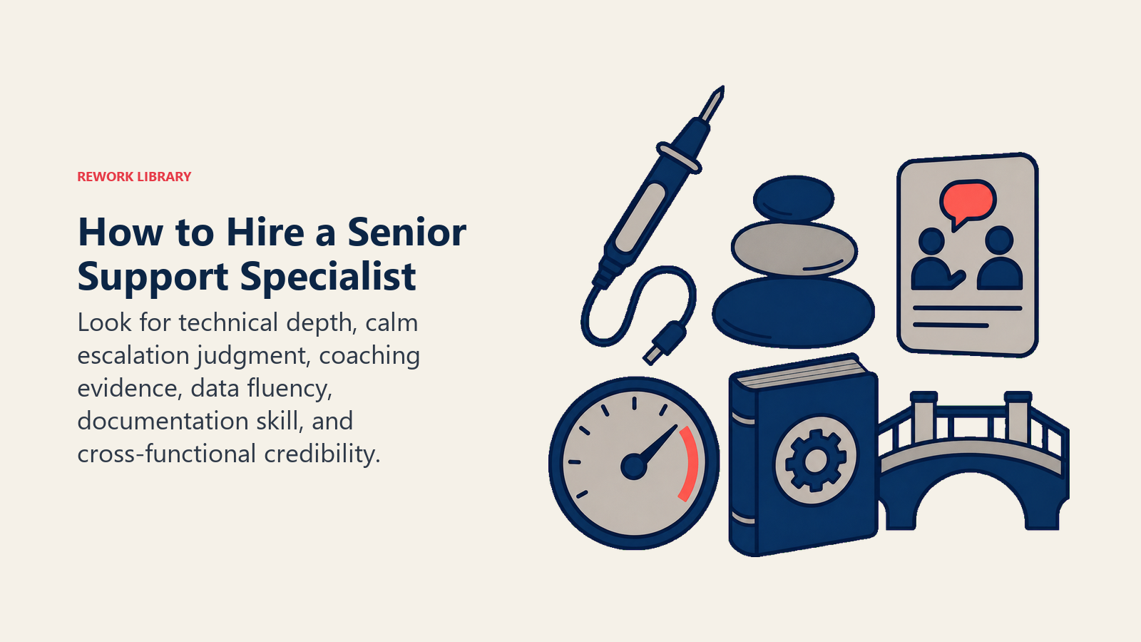 How to Hire a Senior Support Specialist visual showing a senior support candidate toolkit with troubleshooting probe, calm balance stone, coaching card, metric gauge, knowledge manual, and bridge connector