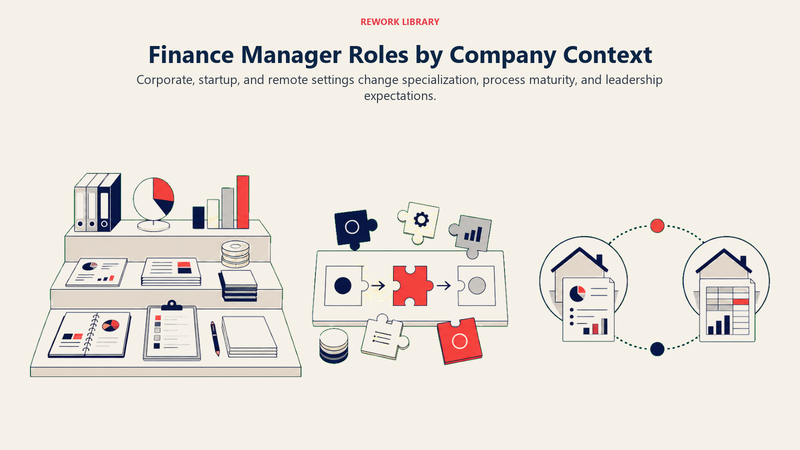 Finance Manager Roles by Company Context illustrated with three distinct finance work environments