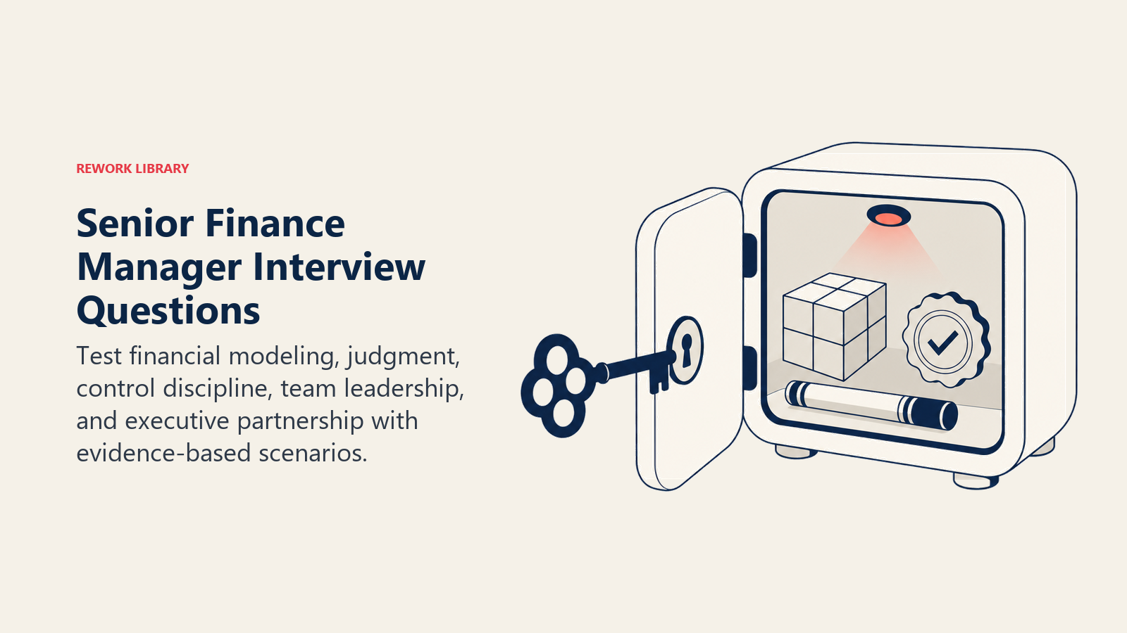 Senior Finance Manager Interview Questions illustrated with scenario key opening evidence vault