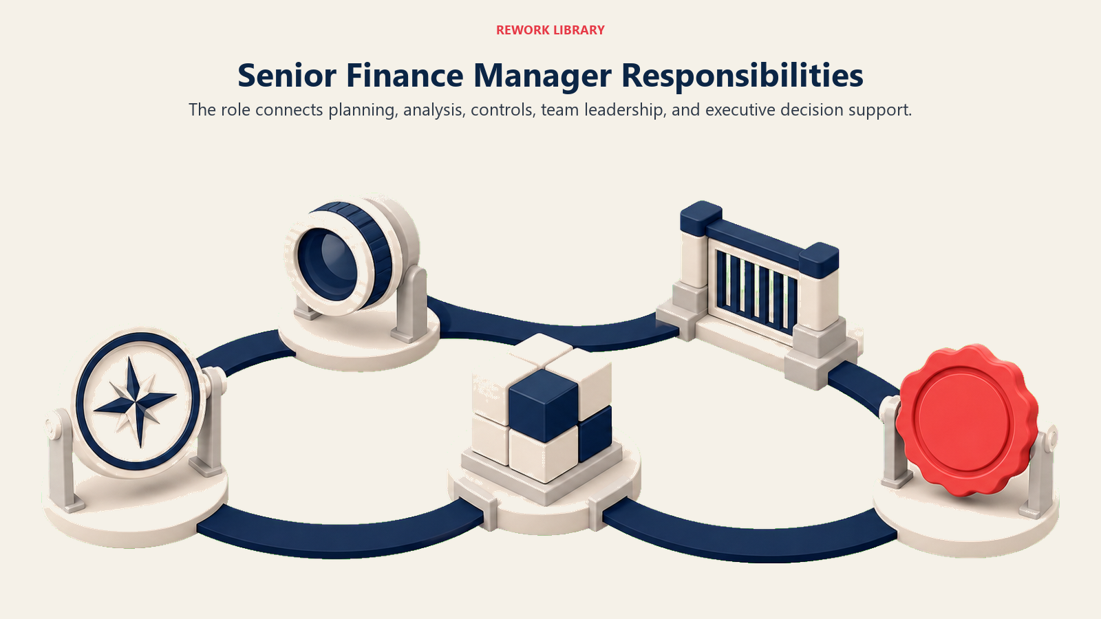 Senior Finance Manager Responsibilities illustrated with finance operating loop with five distinct stations