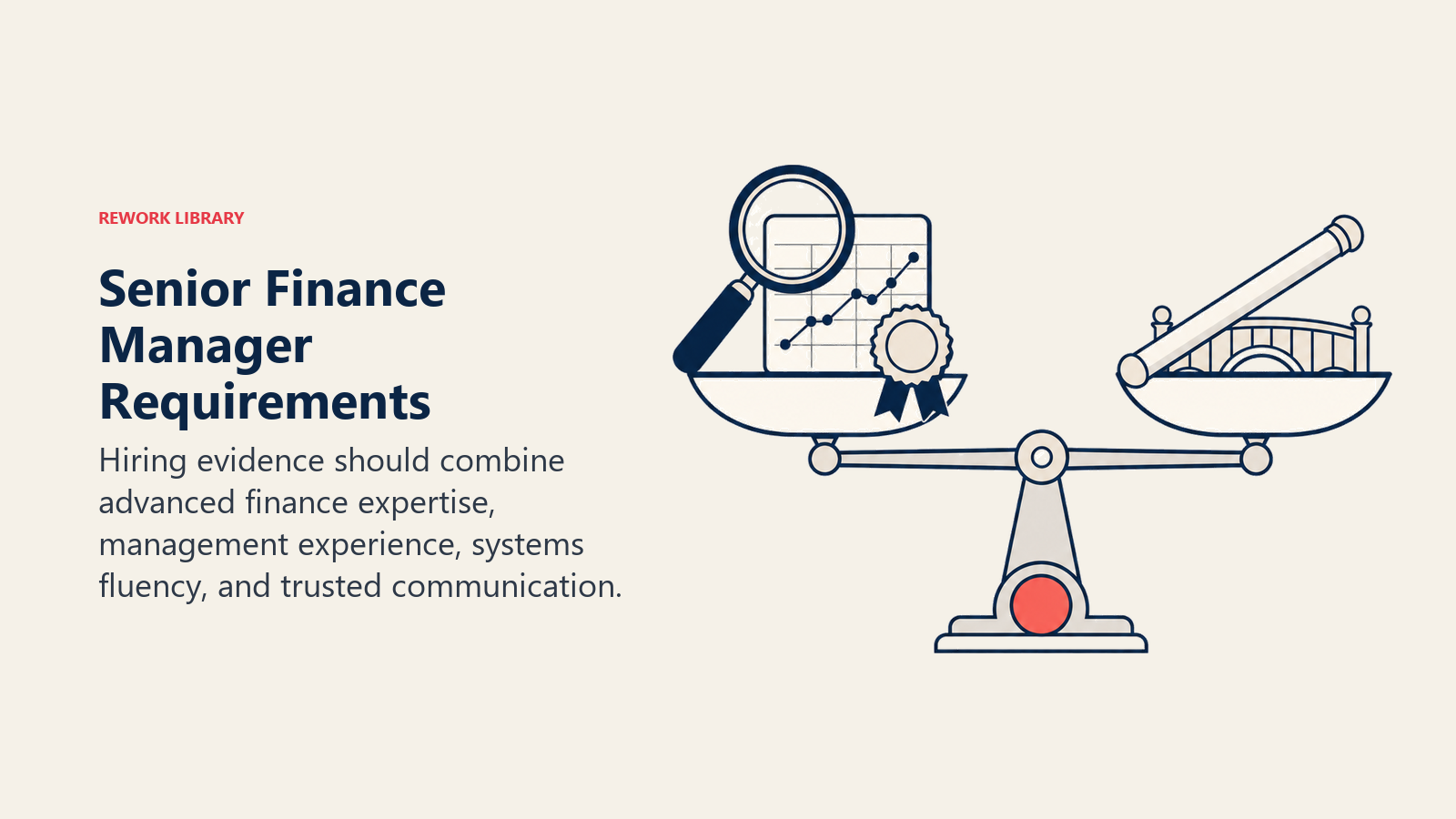 Senior Finance Manager Requirements illustrated with balanced scale holding technical and leadership evidence