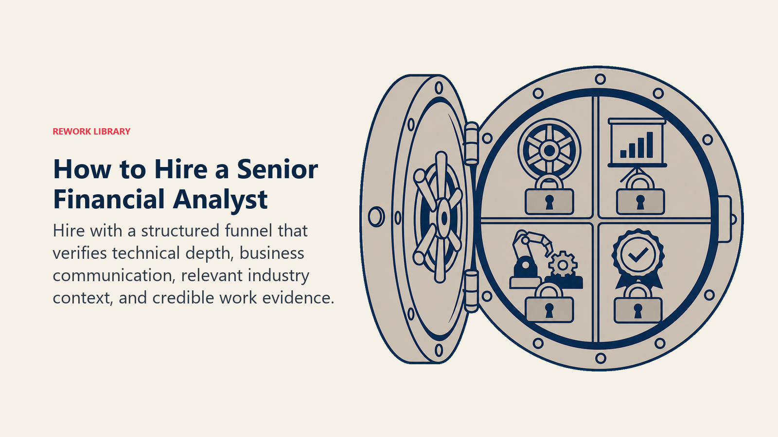 How to hire a Senior Financial Analyst illustrated by an evidence vault checking technical, communication, industry, and work proof