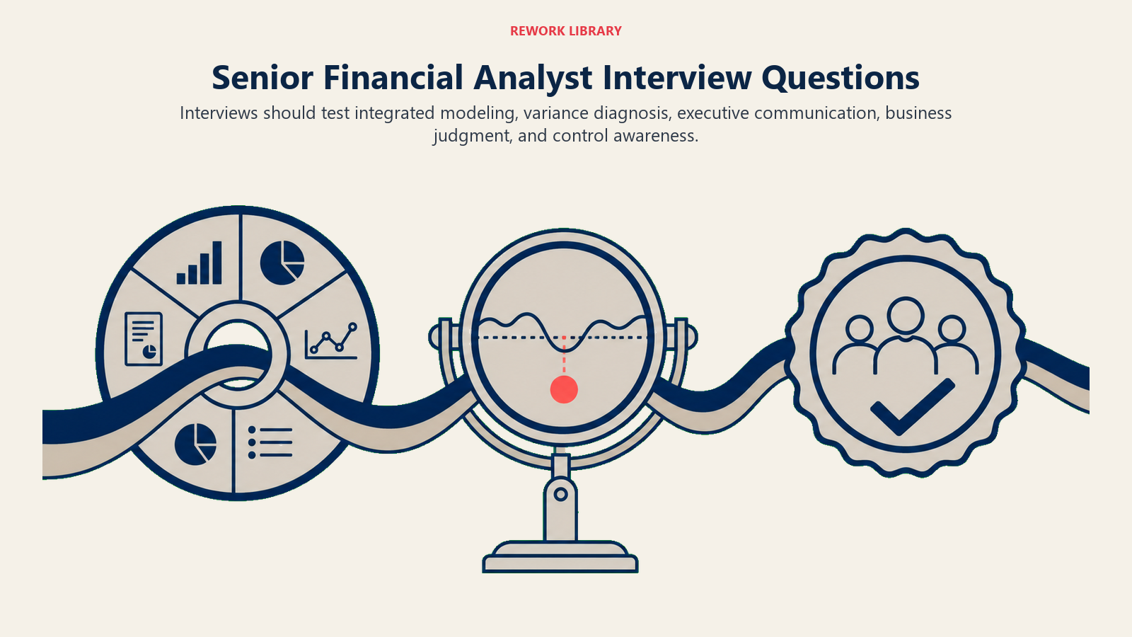Senior Financial Analyst interview questions shown as a diagnostic route from financial statements through variance causes to executive recommendation