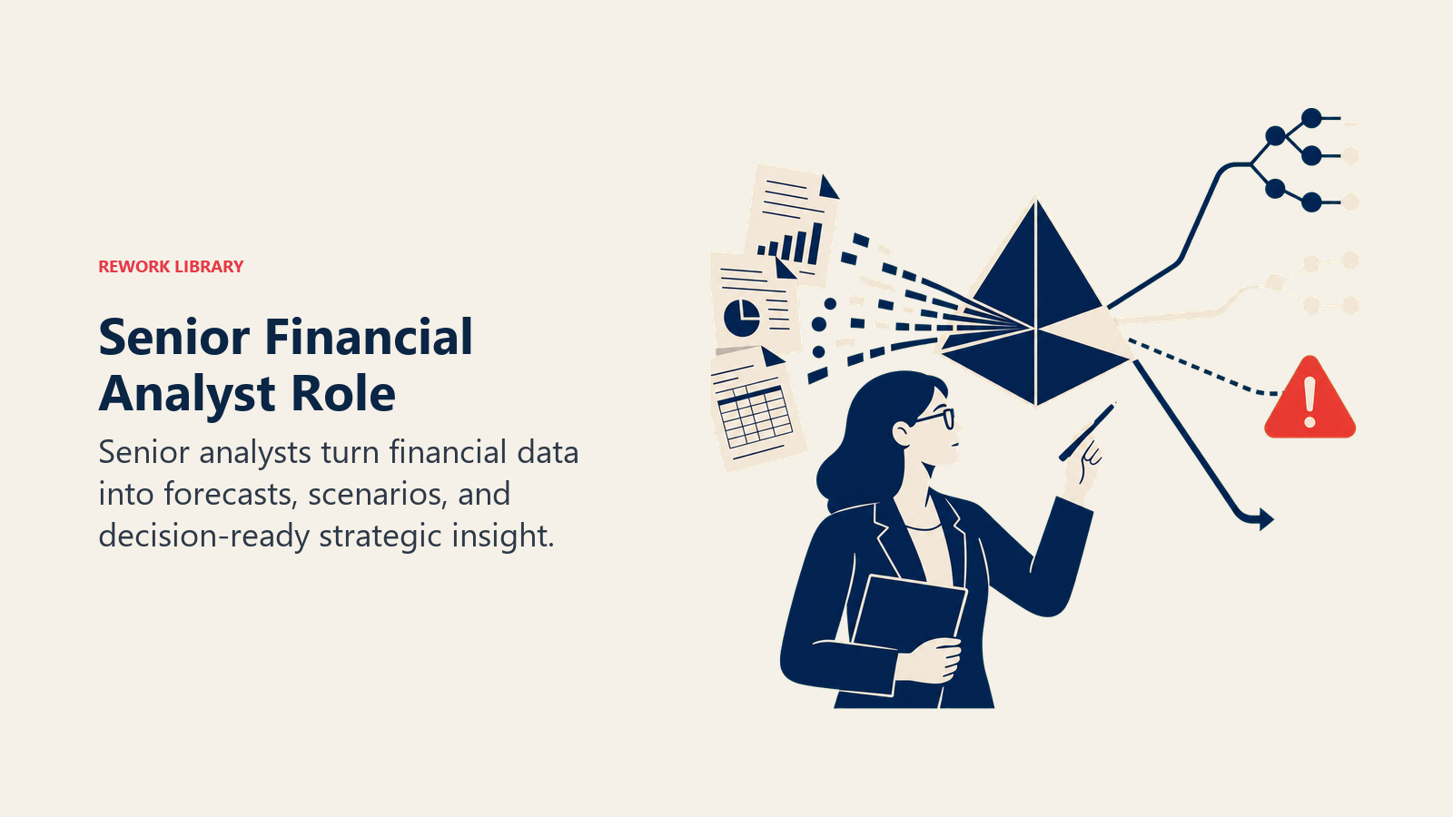 Senior Financial Analyst role shown as a data prism turning financial statements into forecasts, risk signals, and executive decisions