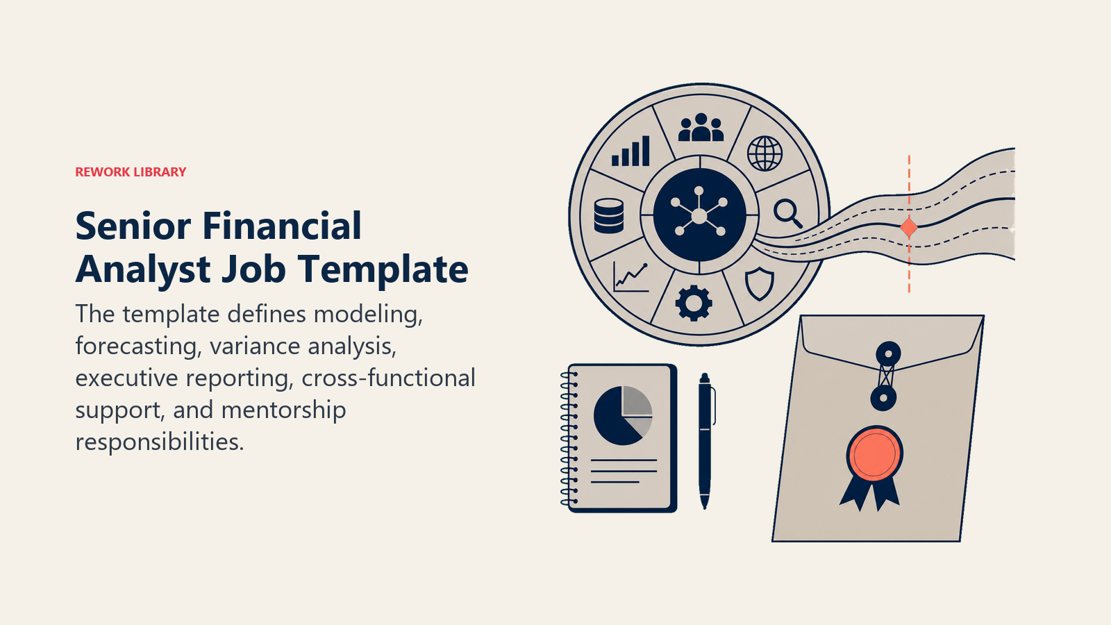 Senior Financial Analyst job template represented by a model wheel, forecast ribbon, variance marker, and executive decision packet
