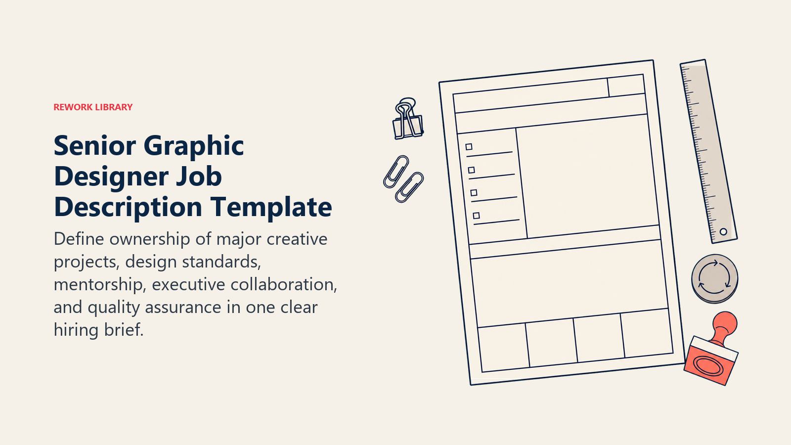 Senior graphic designer job description template shown as a creative brief with standards, feedback, and approval tools