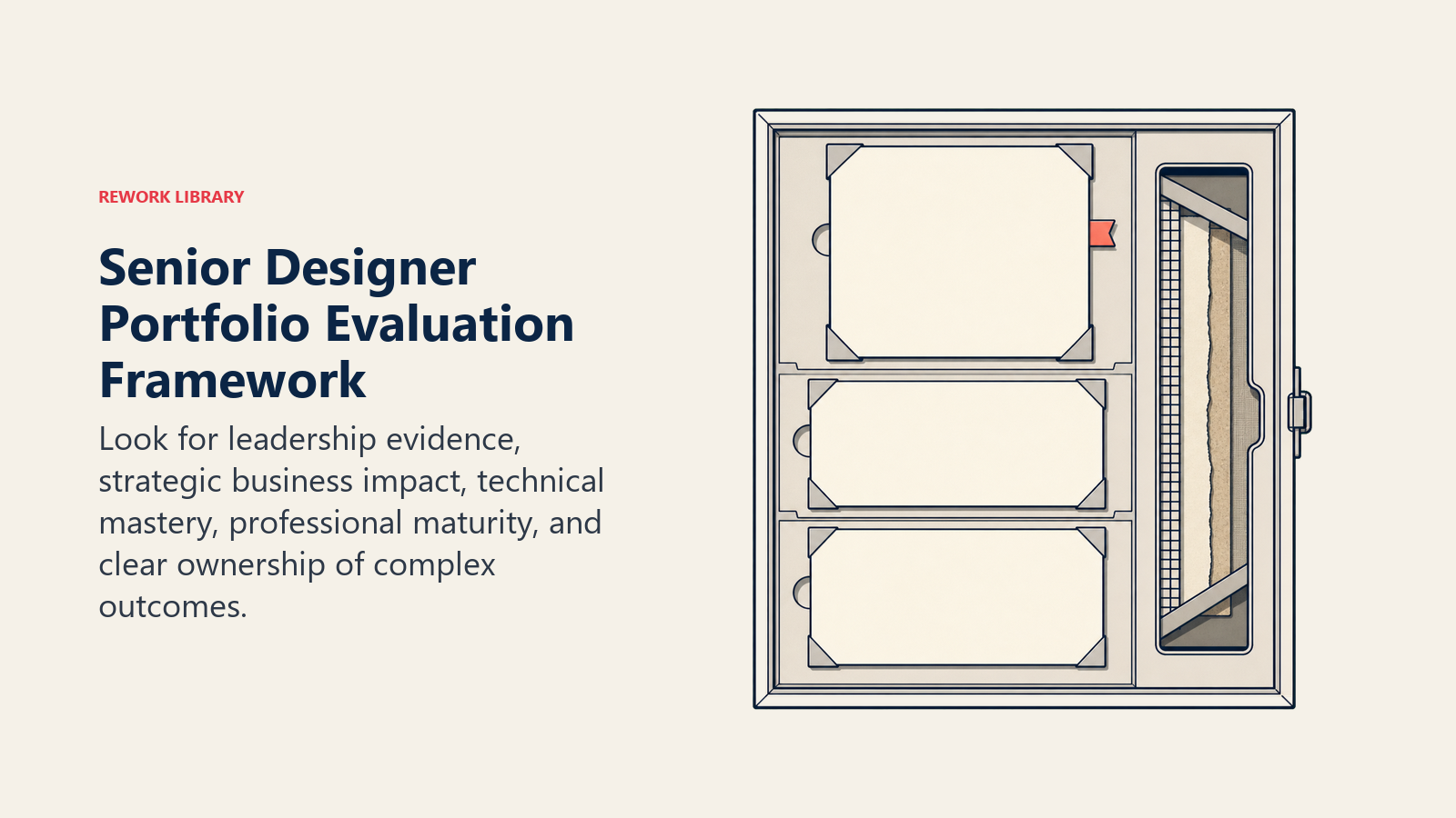 Senior designer portfolio evaluation framework shown as layered project evidence inside an inspection case