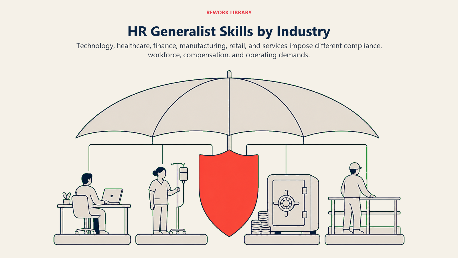 HR generalist skills by industry shown as a modular policy umbrella protecting different workforce environments