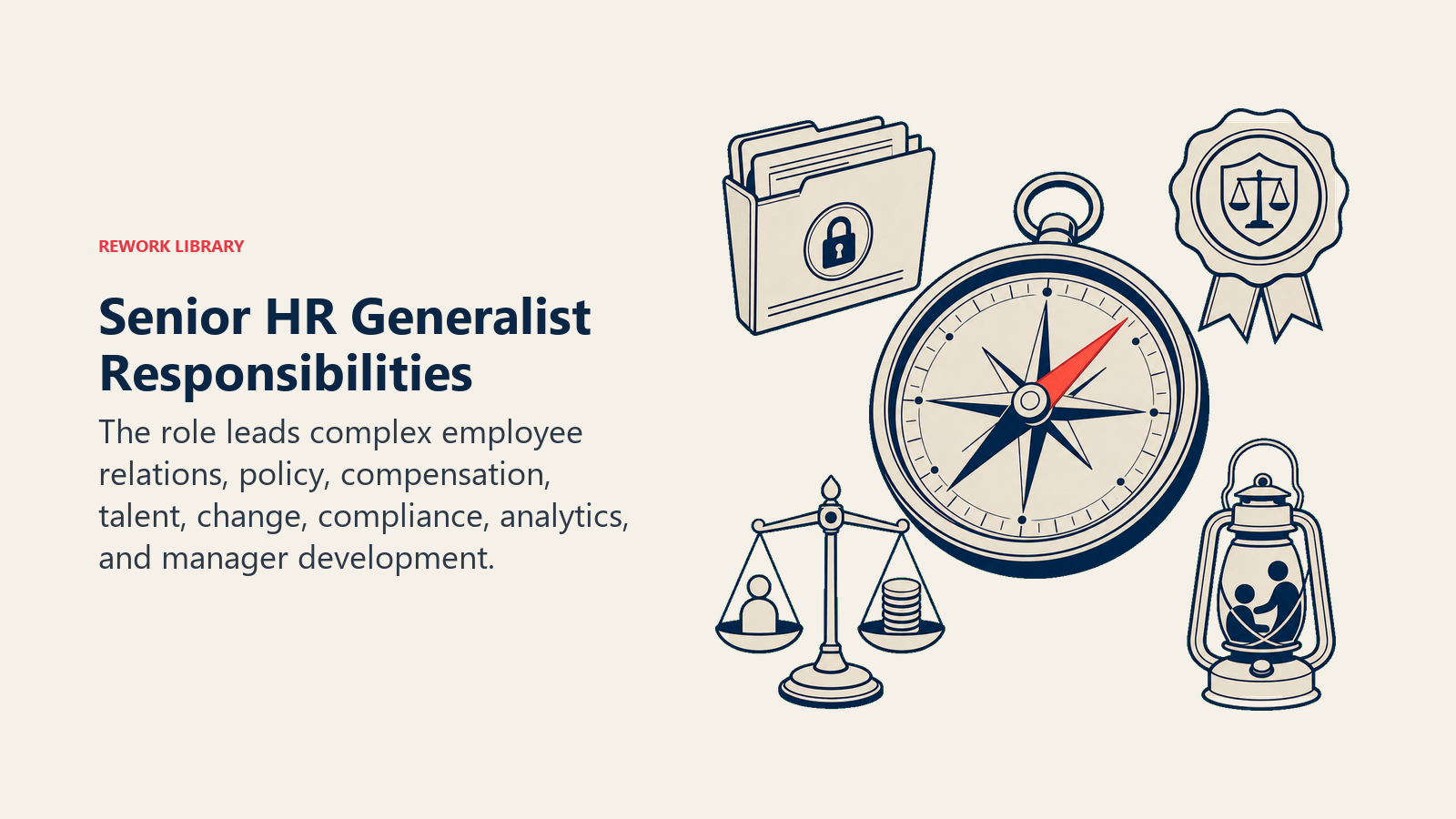 Senior HR Generalist responsibilities represented by a decision compass for employee cases, policy, compensation, and mentorship