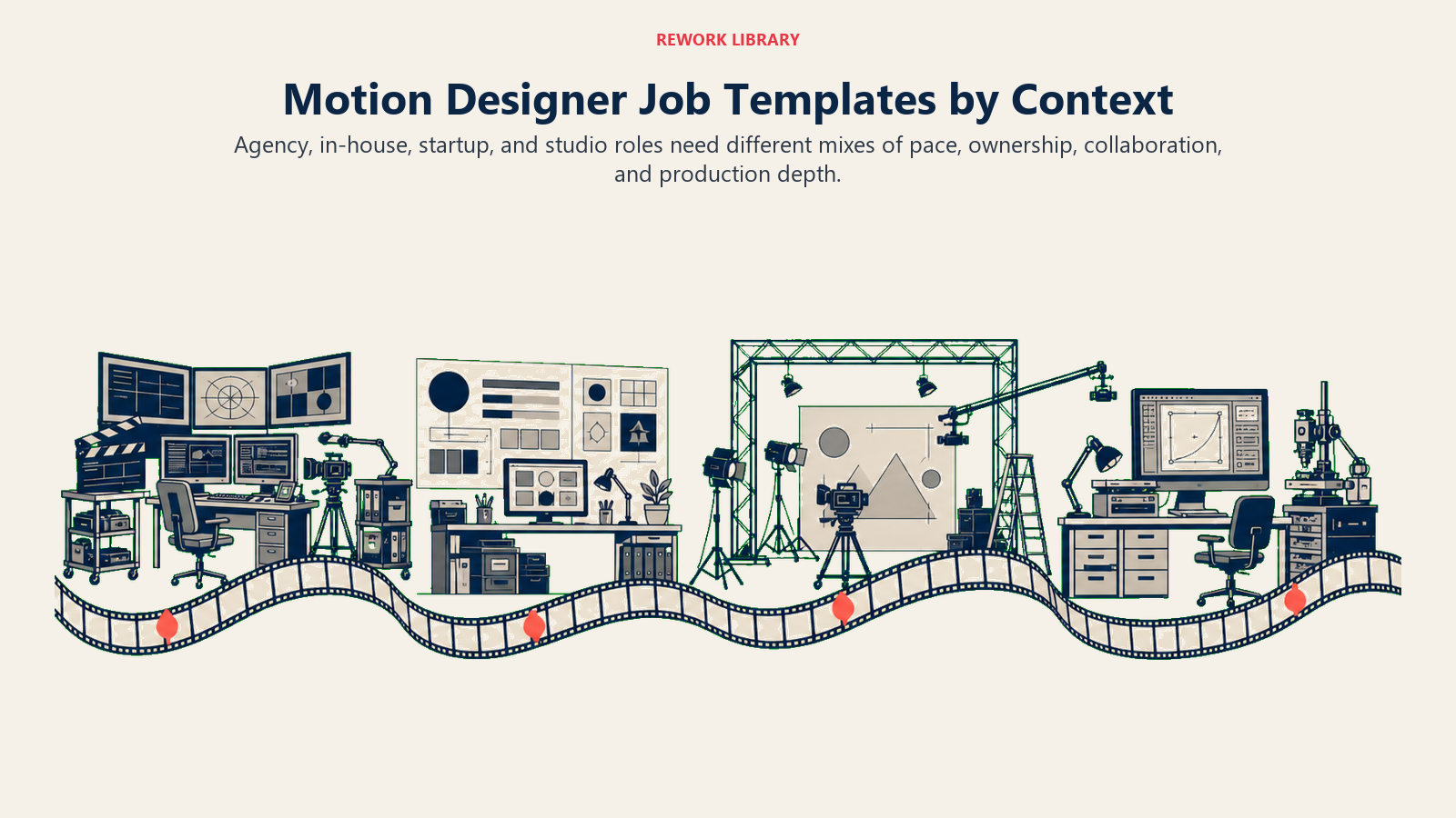 Motion designer job templates by context shown as agency, in-house, startup, and studio production bays