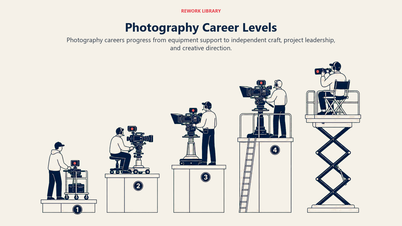 Photography Career Levels shown as wide five-level camera rig evolution from assistant case through studio camera to elevated creative director viewfinder
