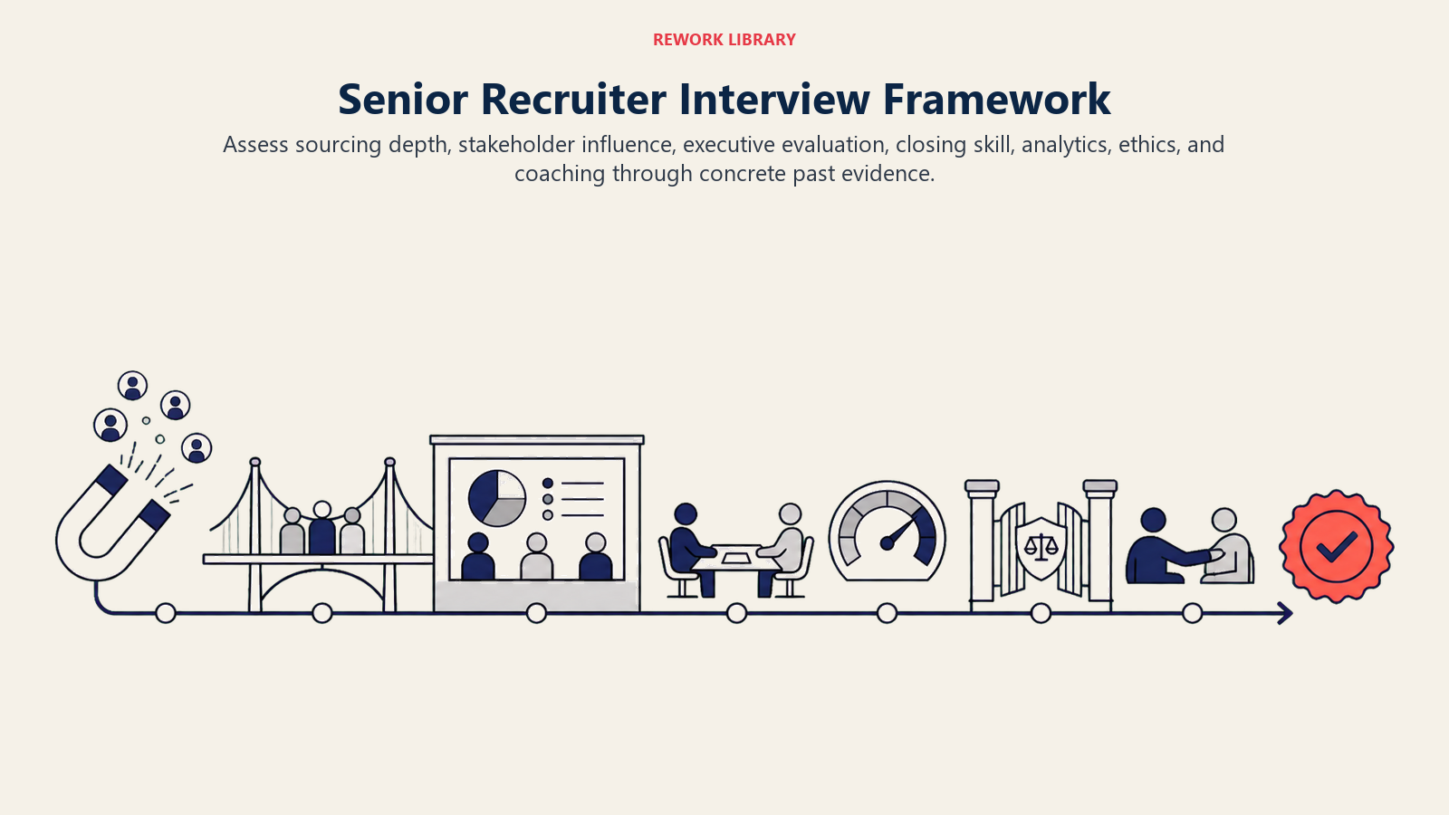 Senior Recruiter Interview Framework: A wide evidence path passes through passive sourcing magnet, stakeholder bridge, executive assessment room, closing table, analytics gauge, ethics gate, and coaching handoff, ending at one coral proof seal