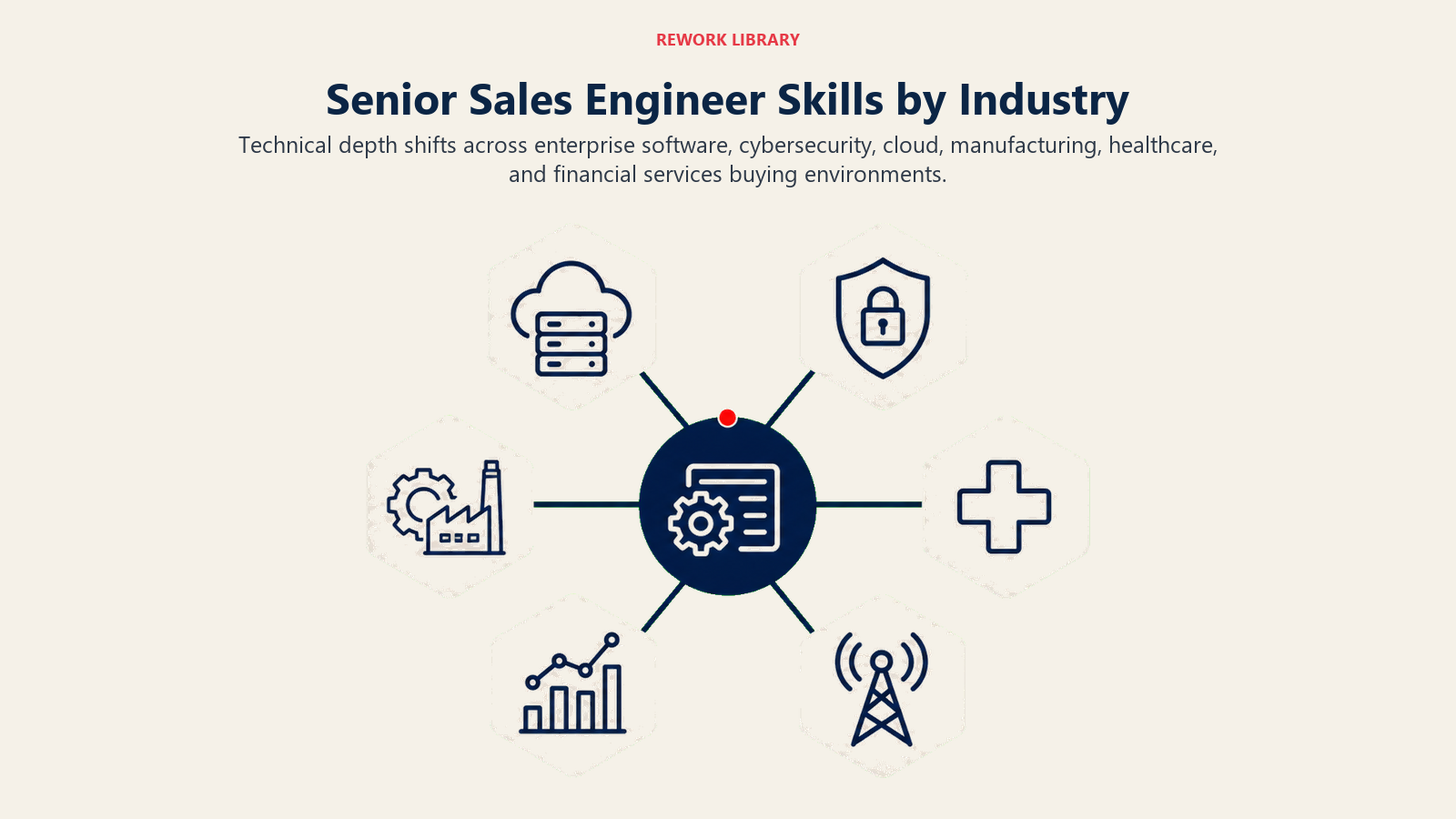 Senior sales engineer skills by industry shown as solution adapters for enterprise, security, cloud, manufacturing, healthcare, and finance