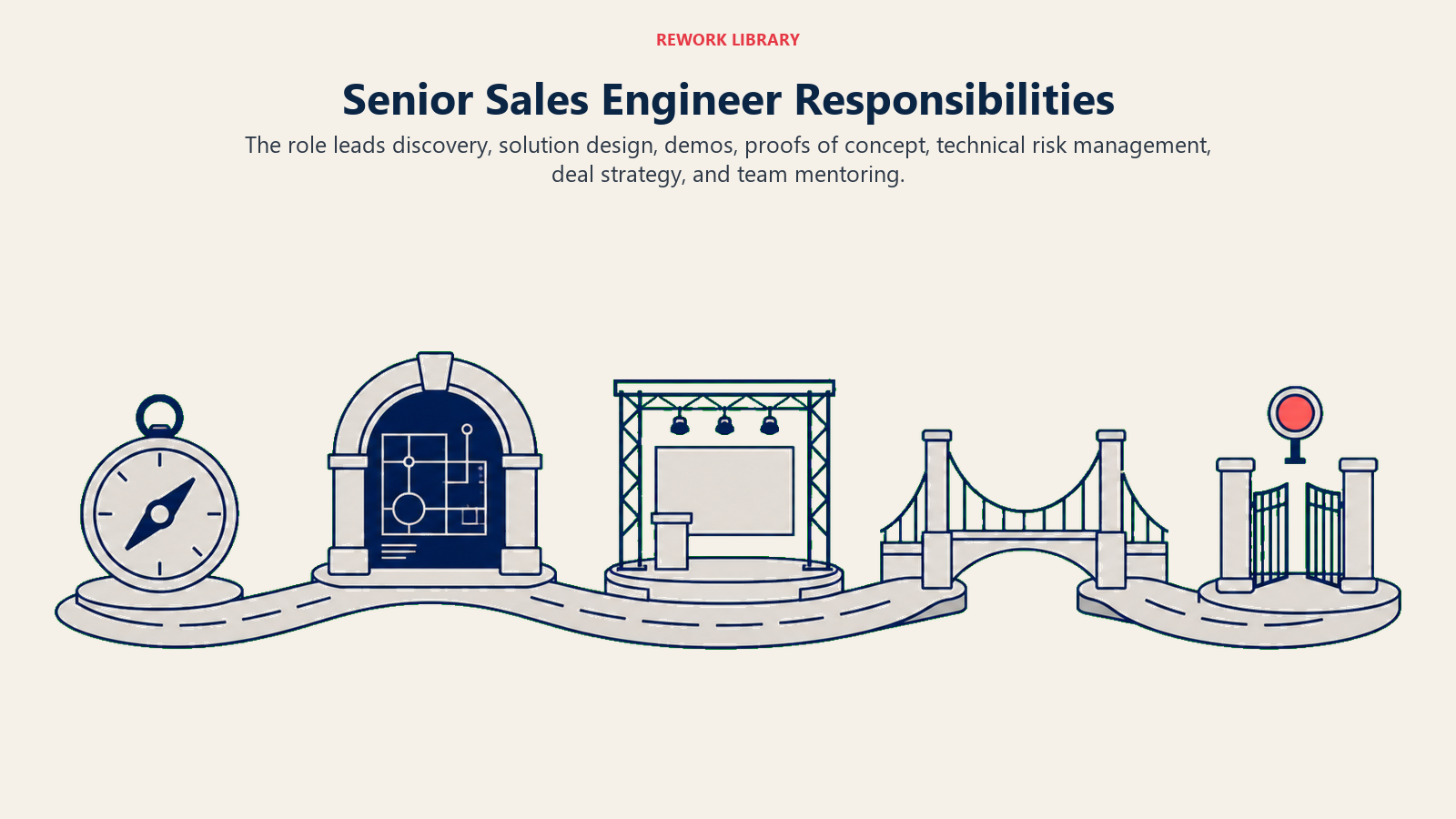 Senior sales engineer responsibilities shown from discovery and solution design through demonstration, proof, and decision support