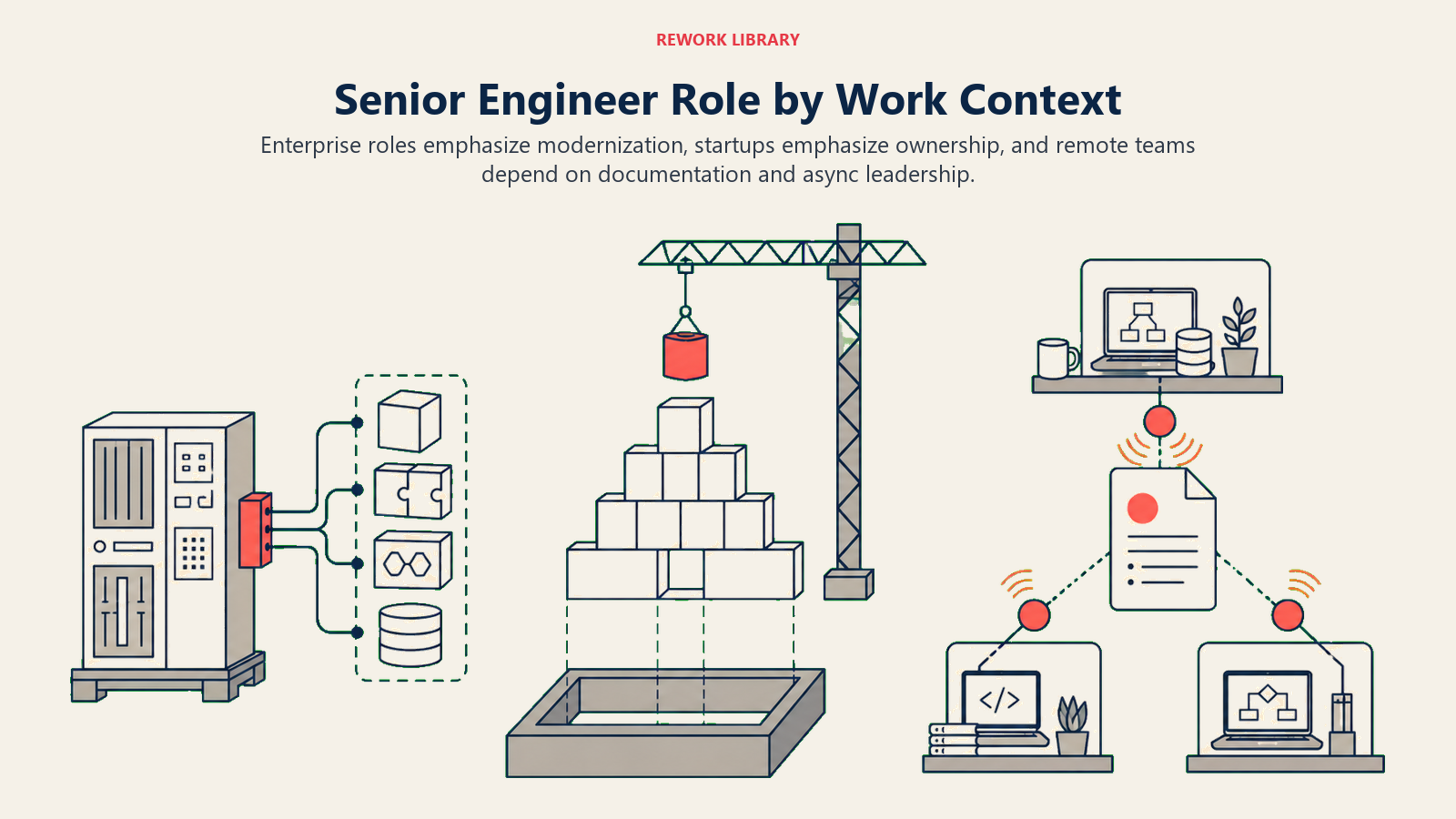 Senior software engineer role variations shown across enterprise modernization, startup ownership, and remote technical leadership