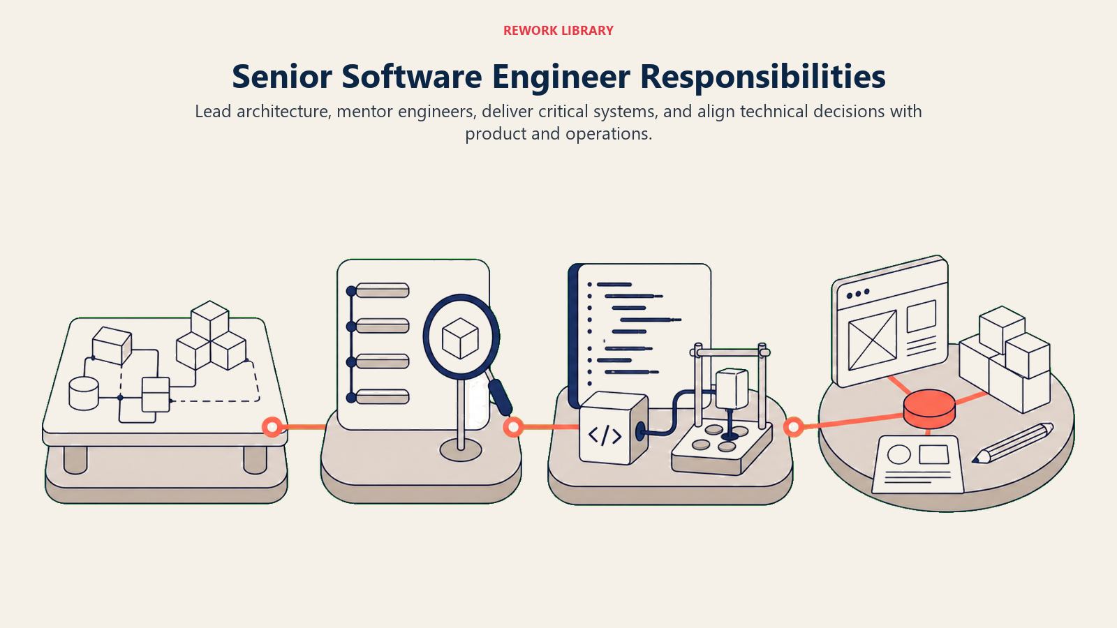 Senior software engineer responsibilities shown across architecture, mentoring, implementation, and cross-functional collaboration stations