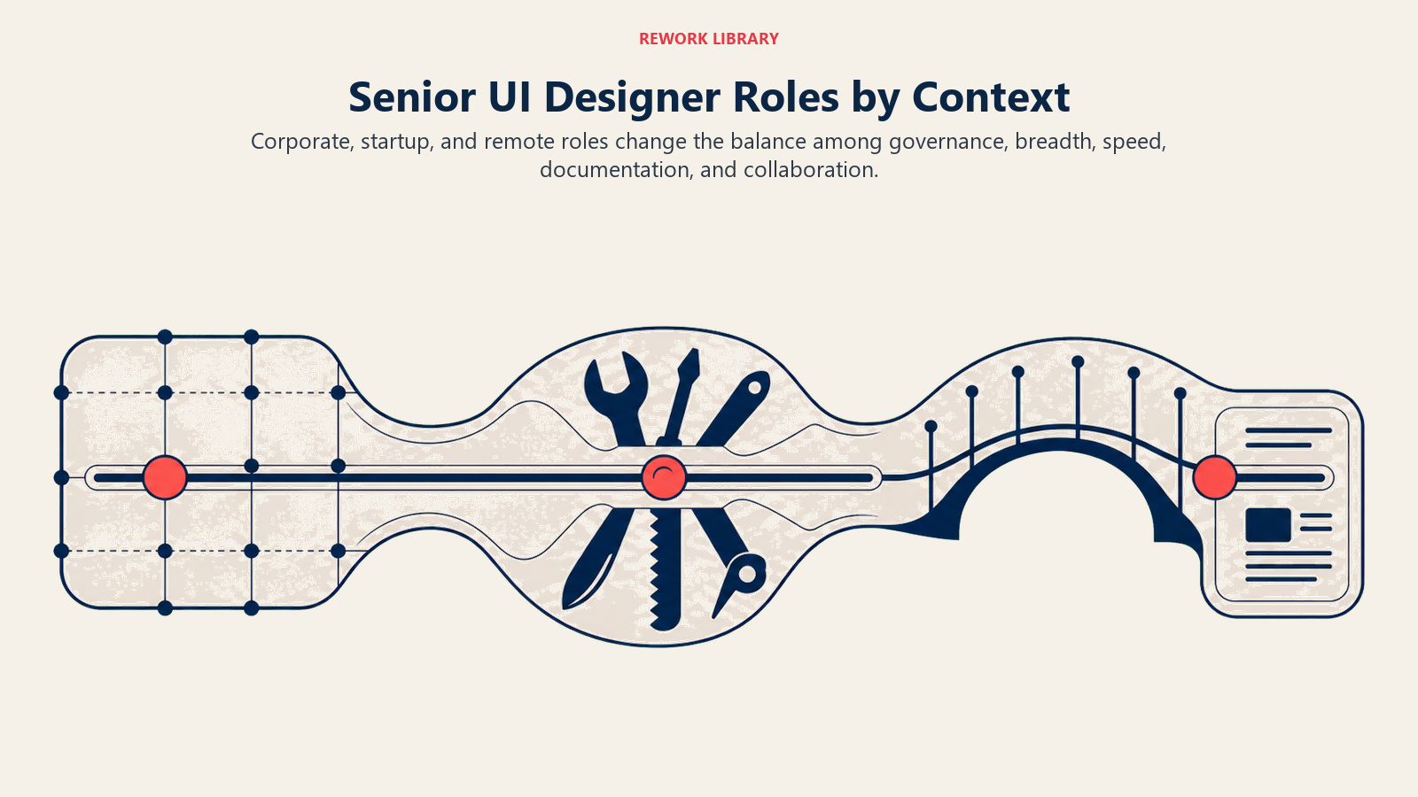 Senior UI designer roles by context shown as an instrument switching among governance, breadth, and remote collaboration