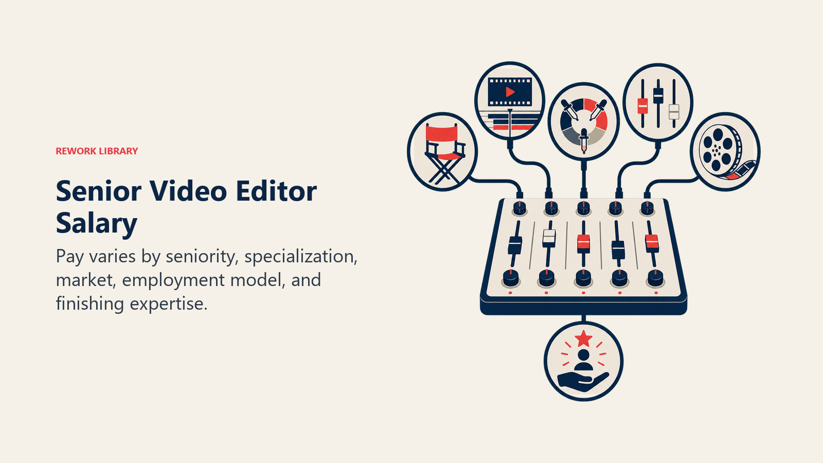 Senior Video Editor salary factors shown as an editing timeline feeding a compensation console for seniority, specialization, market, and employment model