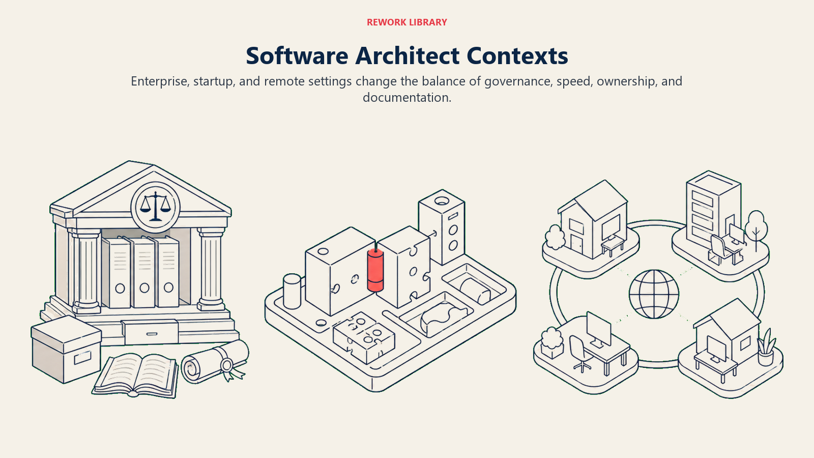 Software Architect Contexts illustrated with three architecture studios: governance archive, rapid prototype bench, distributed collaboration ring