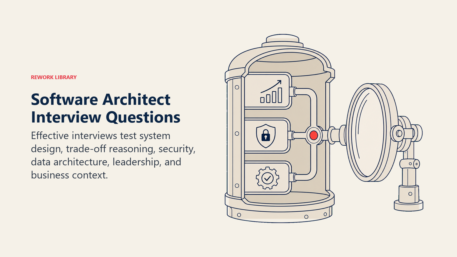 Software Architect Interview Questions illustrated with a system-design testing chamber revealing trade-offs across scale, security, and reliability