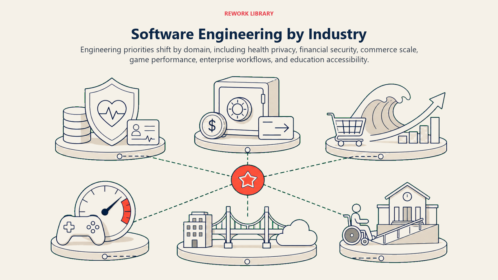 Software Engineering by Industry illustrated with six software domain modules