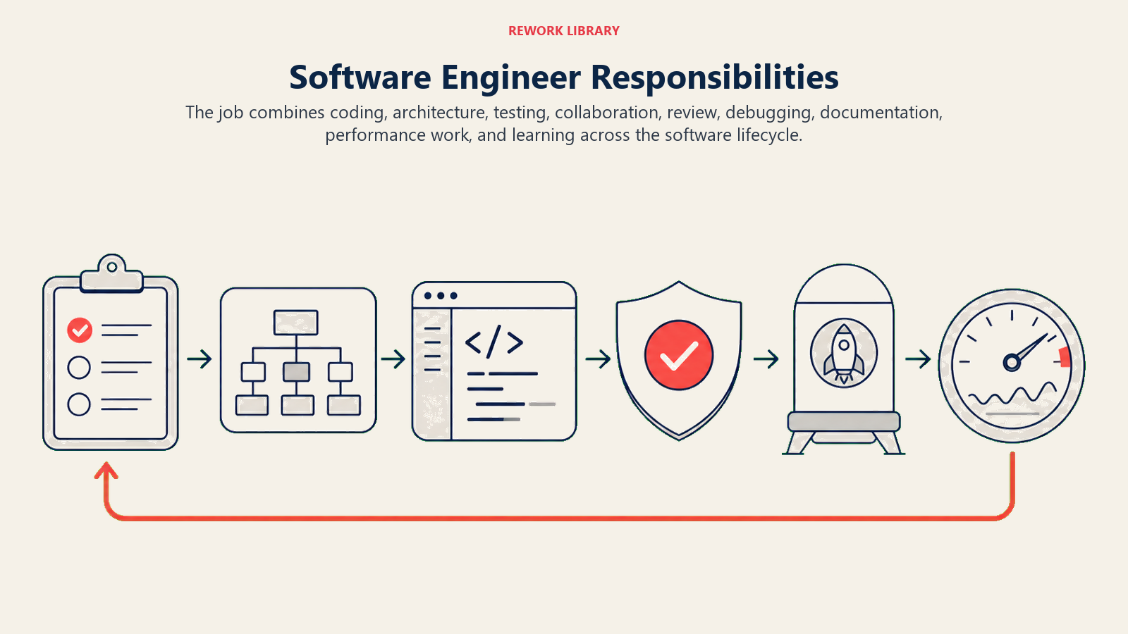 Software Engineer Responsibilities illustrated with six-stage software delivery lifecycle