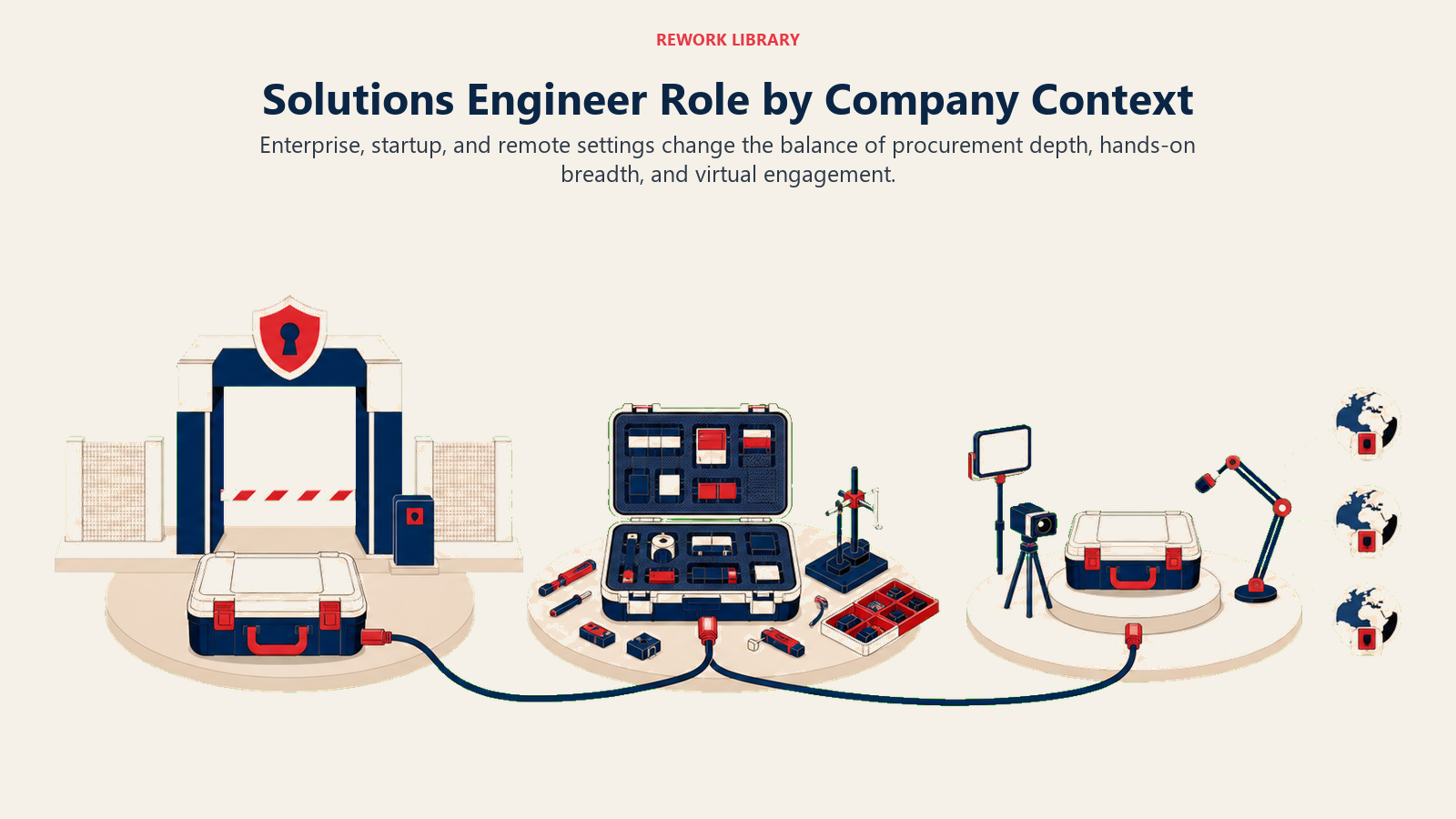 Solutions Engineer role variations across enterprise procurement, startup breadth, and remote demonstrations