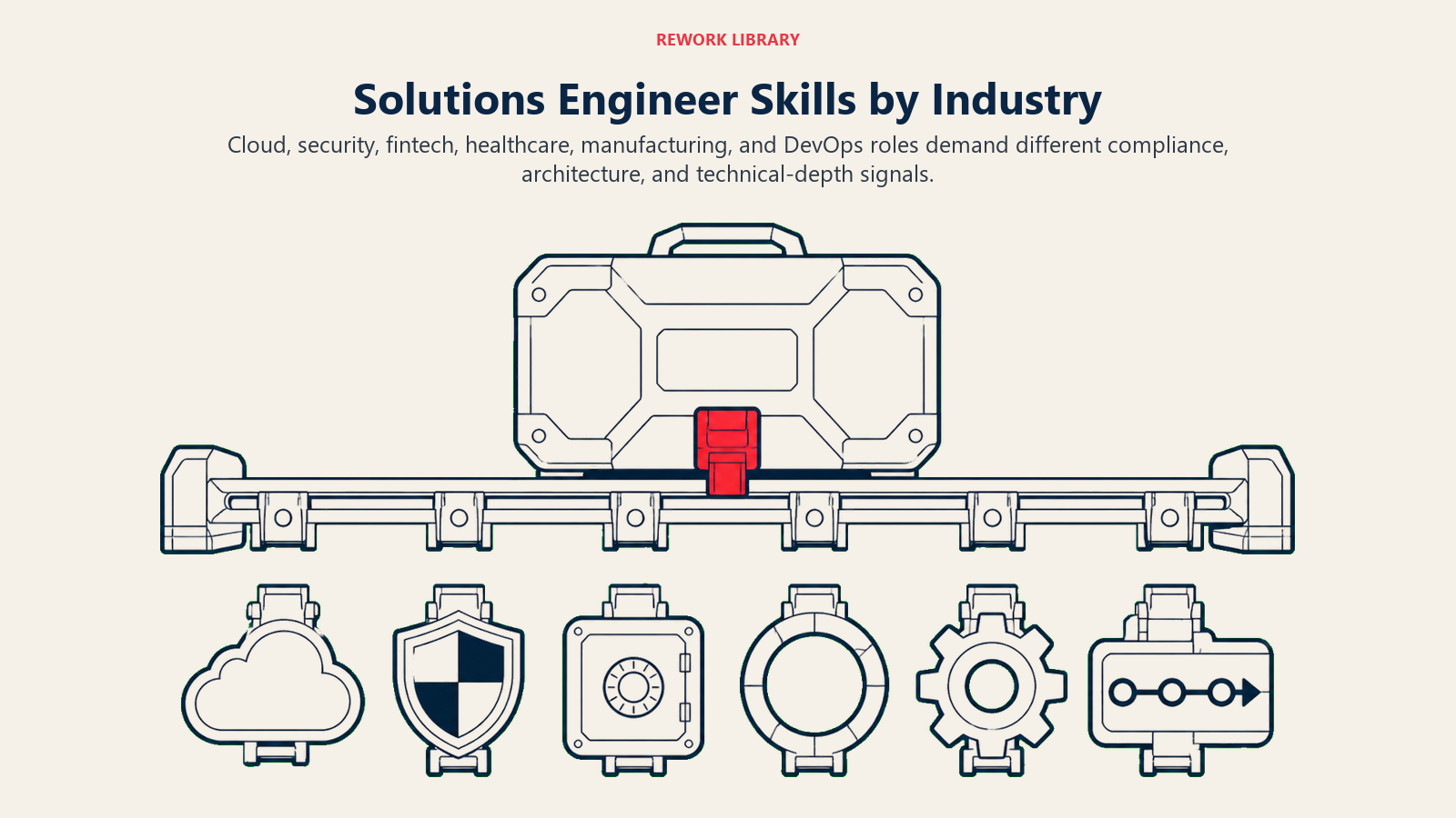 Solutions Engineer skills by industry shown through cloud, security, fintech, healthcare, manufacturing, and DevOps modules
