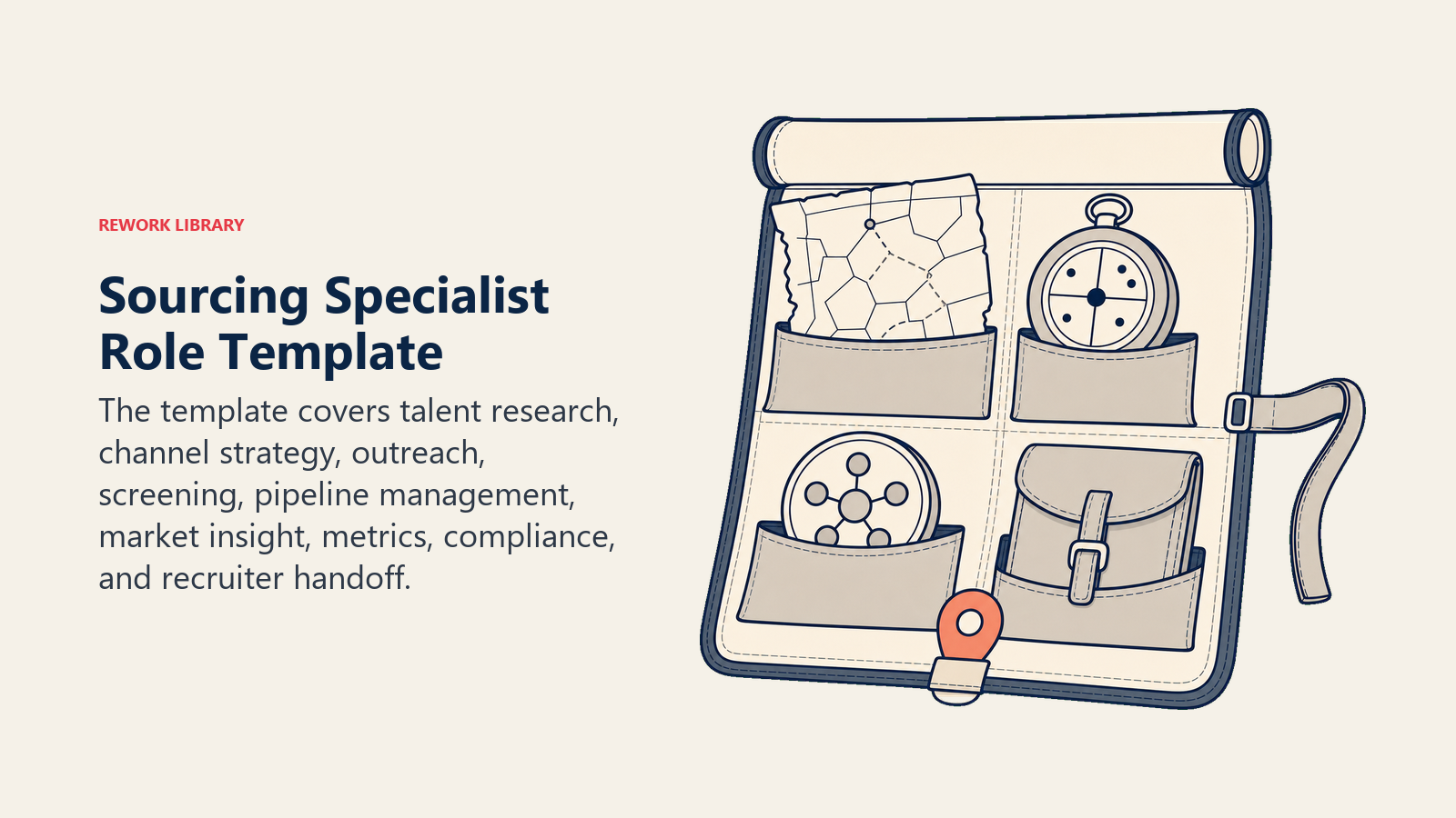 Sourcing Specialist role template organized as a talent research and candidate handoff field kit