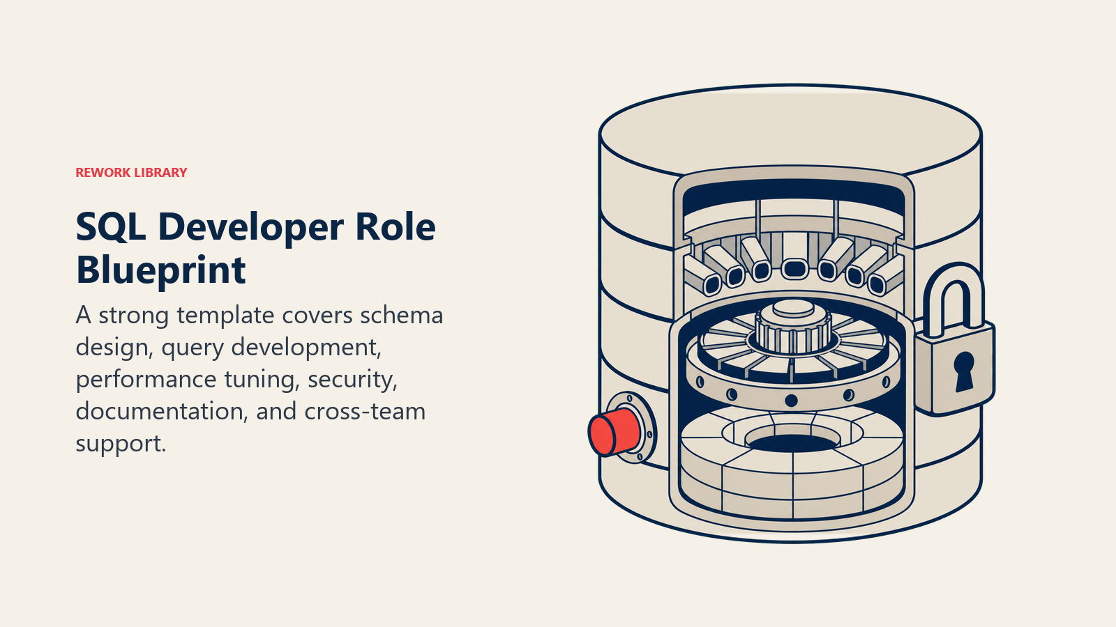 SQL Developer role blueprint shown as a database cutaway with schema, query, tuning, and security layers
