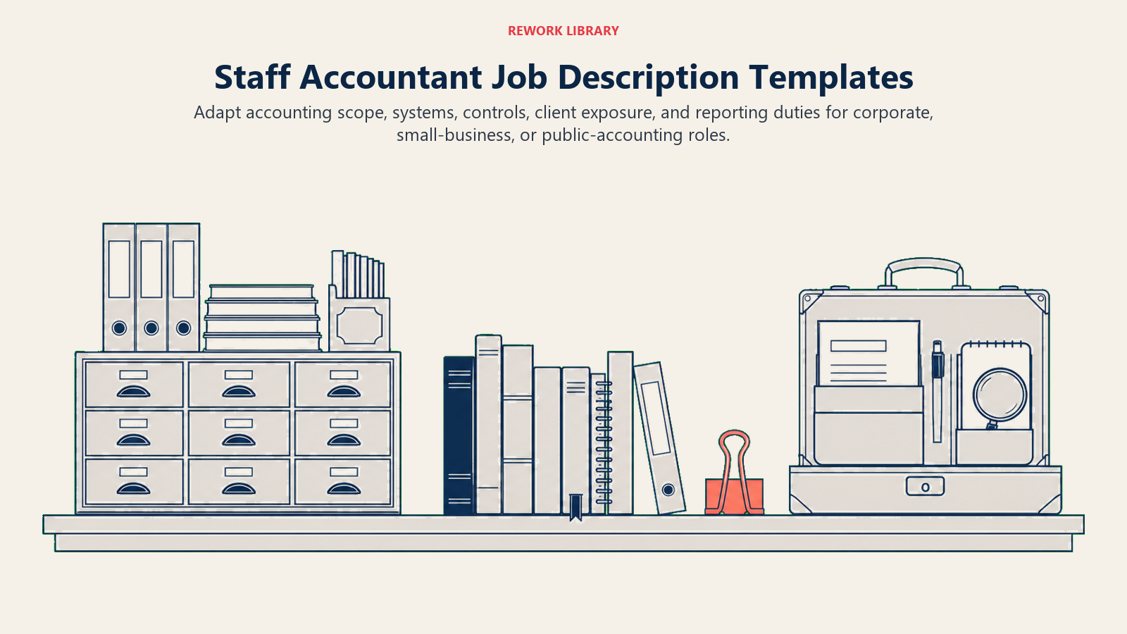 Staff Accountant Job Description Templates illustrated as three ledger workstations