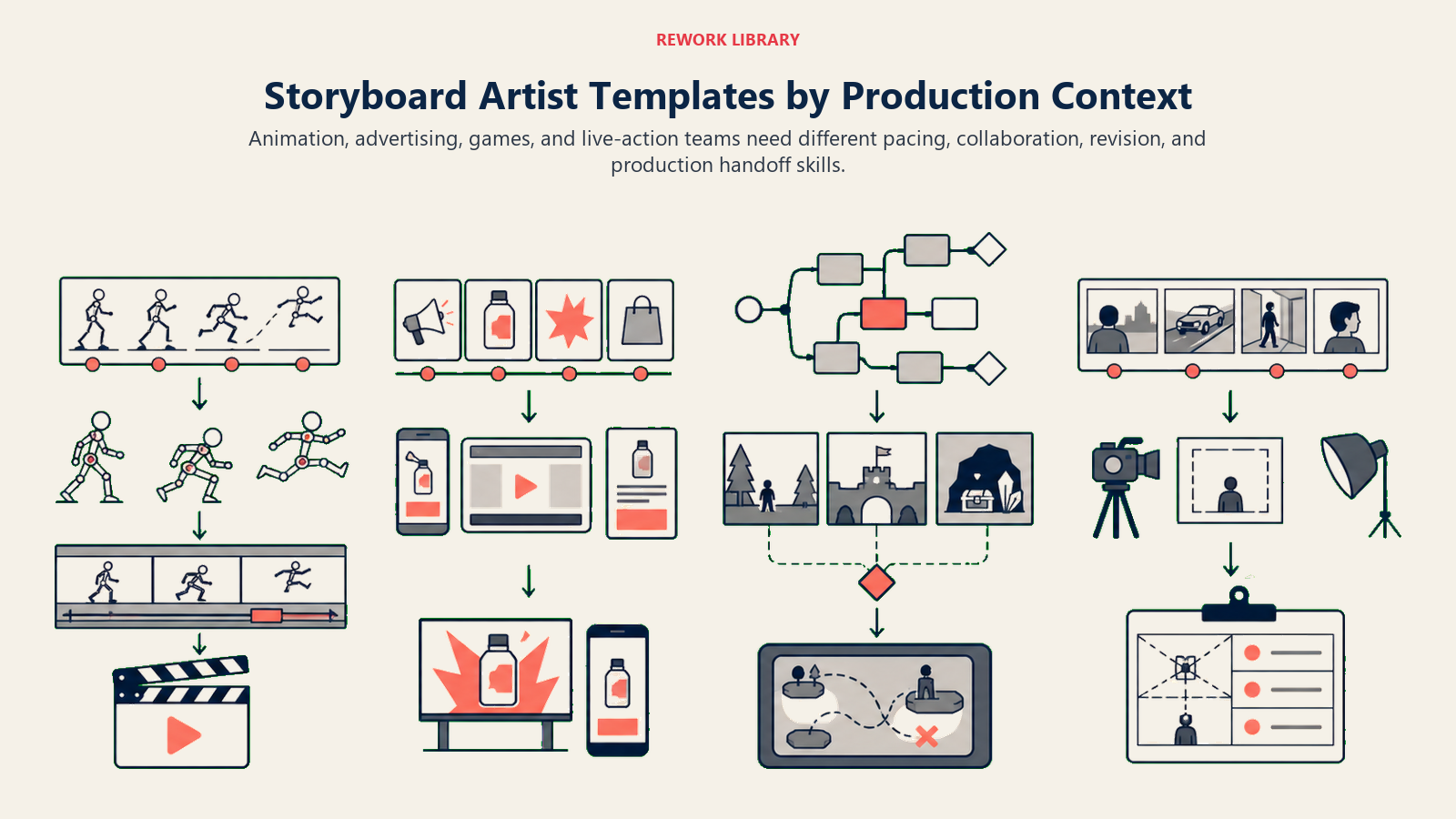 Storyboard Artist Templates by Production Context illustrated with four production pipelines