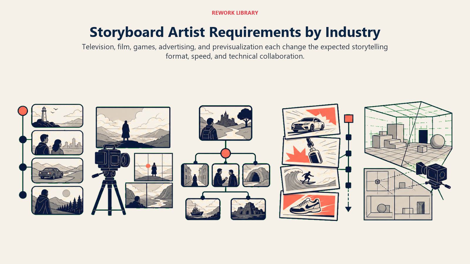 Storyboard Artist Requirements by Industry illustrated with five visual storytelling ecosystems