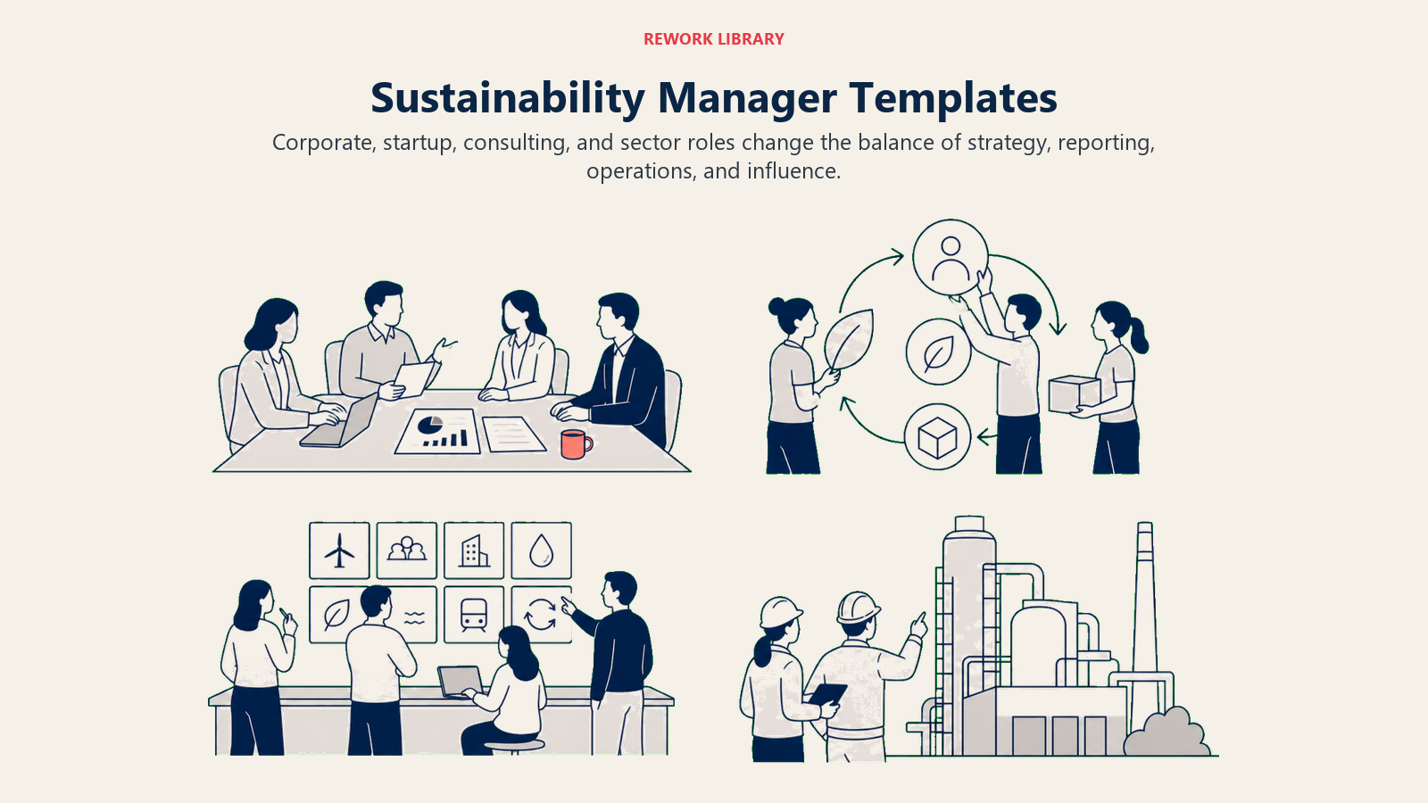 Sustainability Manager Templates illustrated with a Rework editorial sustainability manager templates visual.