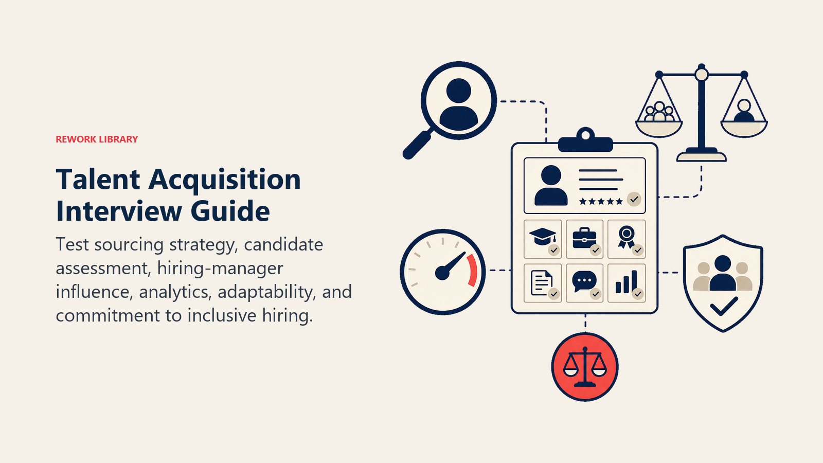 Talent Acquisition Interview Guide shown as a recruiter assessment studio with search lens, candidate evidence board, stakeholder balance, analytics dial, inclusion shield, and coral decision token.