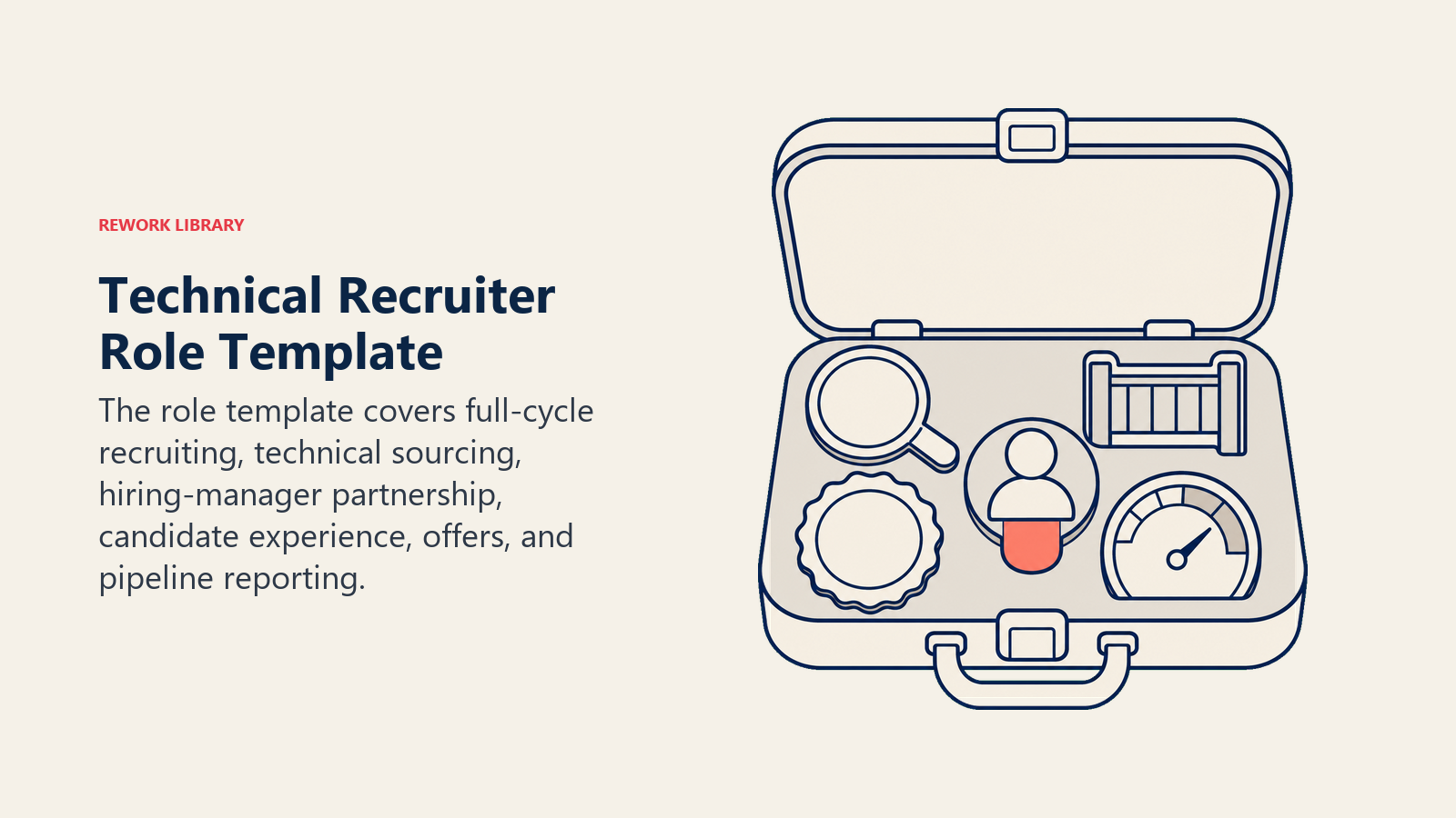 Technical Recruiter role template organized as a full-cycle hiring toolkit