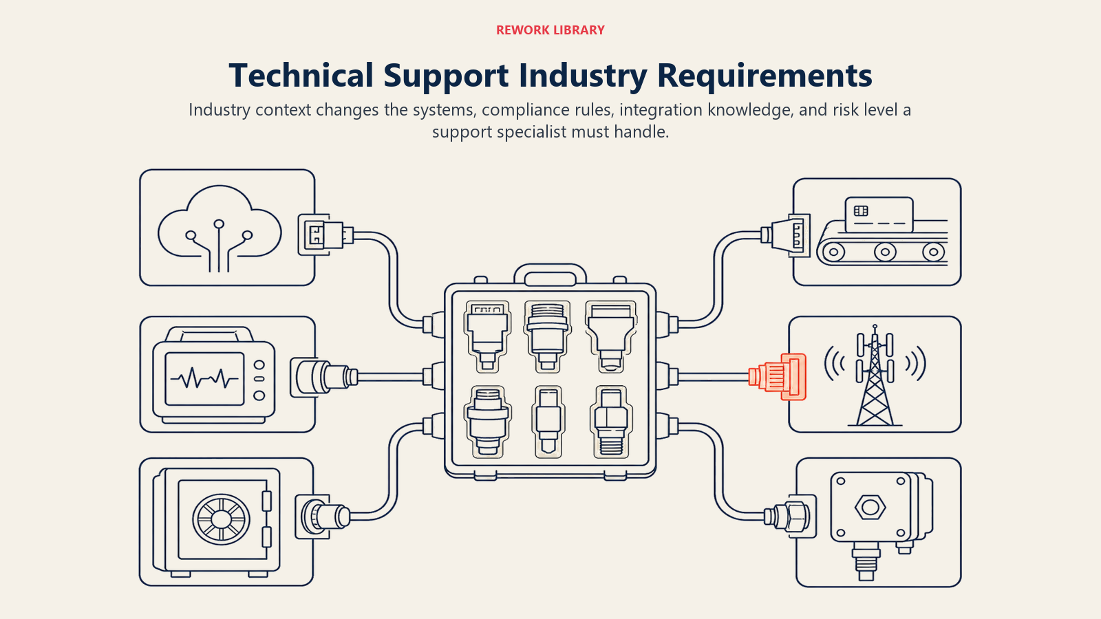 Technical support industry requirements shown as a toolkit adapting to SaaS, healthcare, finance, commerce, telecom, and IoT systems