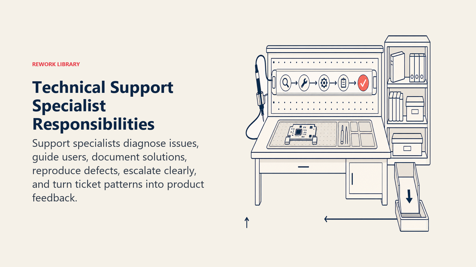 Technical support specialist responsibilities shown as a diagnostic and knowledge repair bench