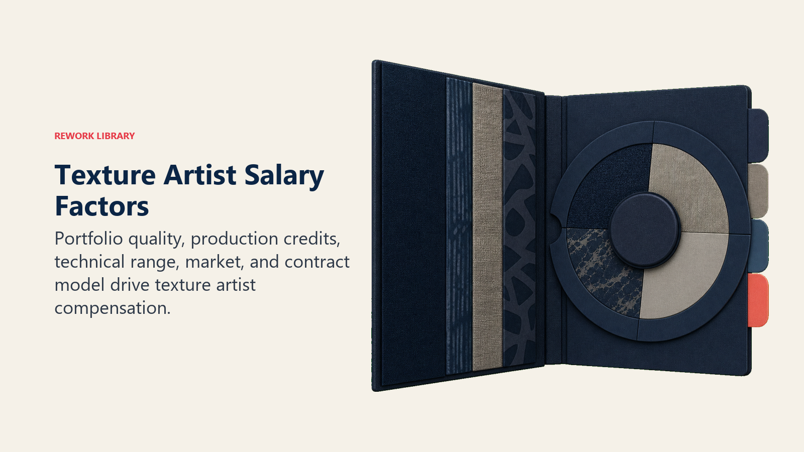 Texture Artist Salary Factors shown as portfolio folio with value dial