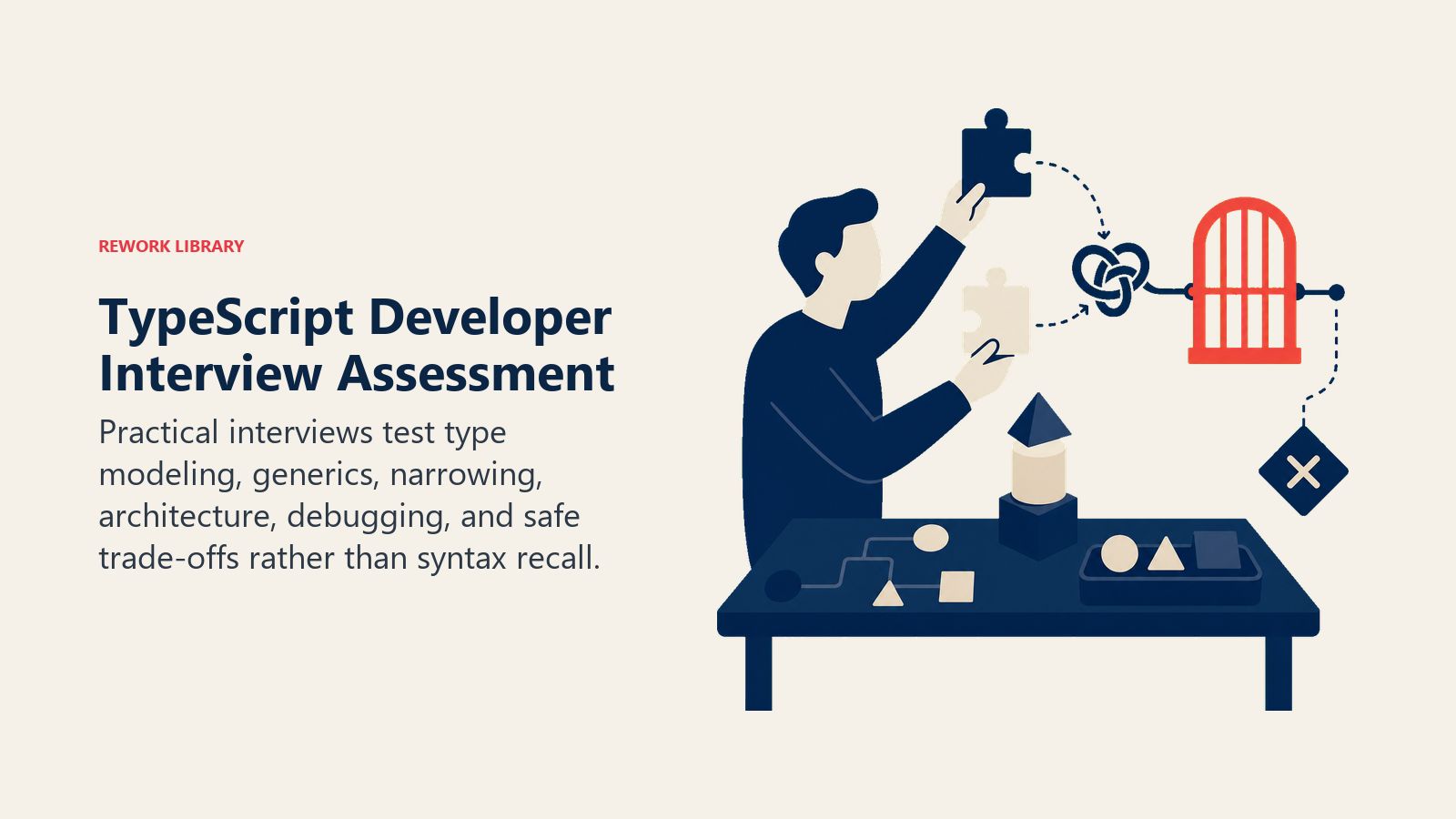 TypeScript Developer Interview Assessment illustrated with candidate resolving a type constraint knot and catching unsafe value at compiler gate