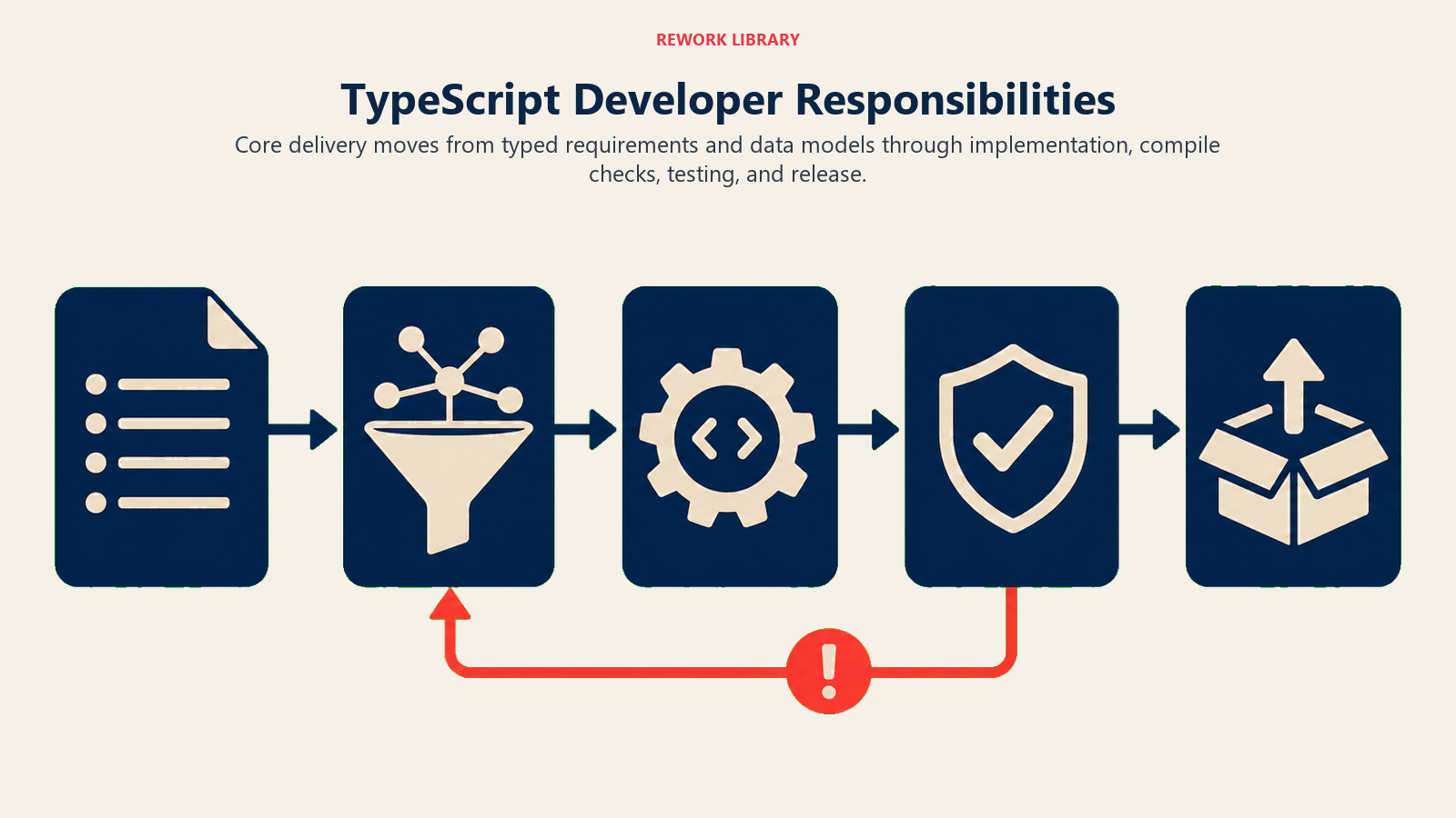 TypeScript Developer Responsibilities illustrated with five-stage typed development flow with one error caught before release