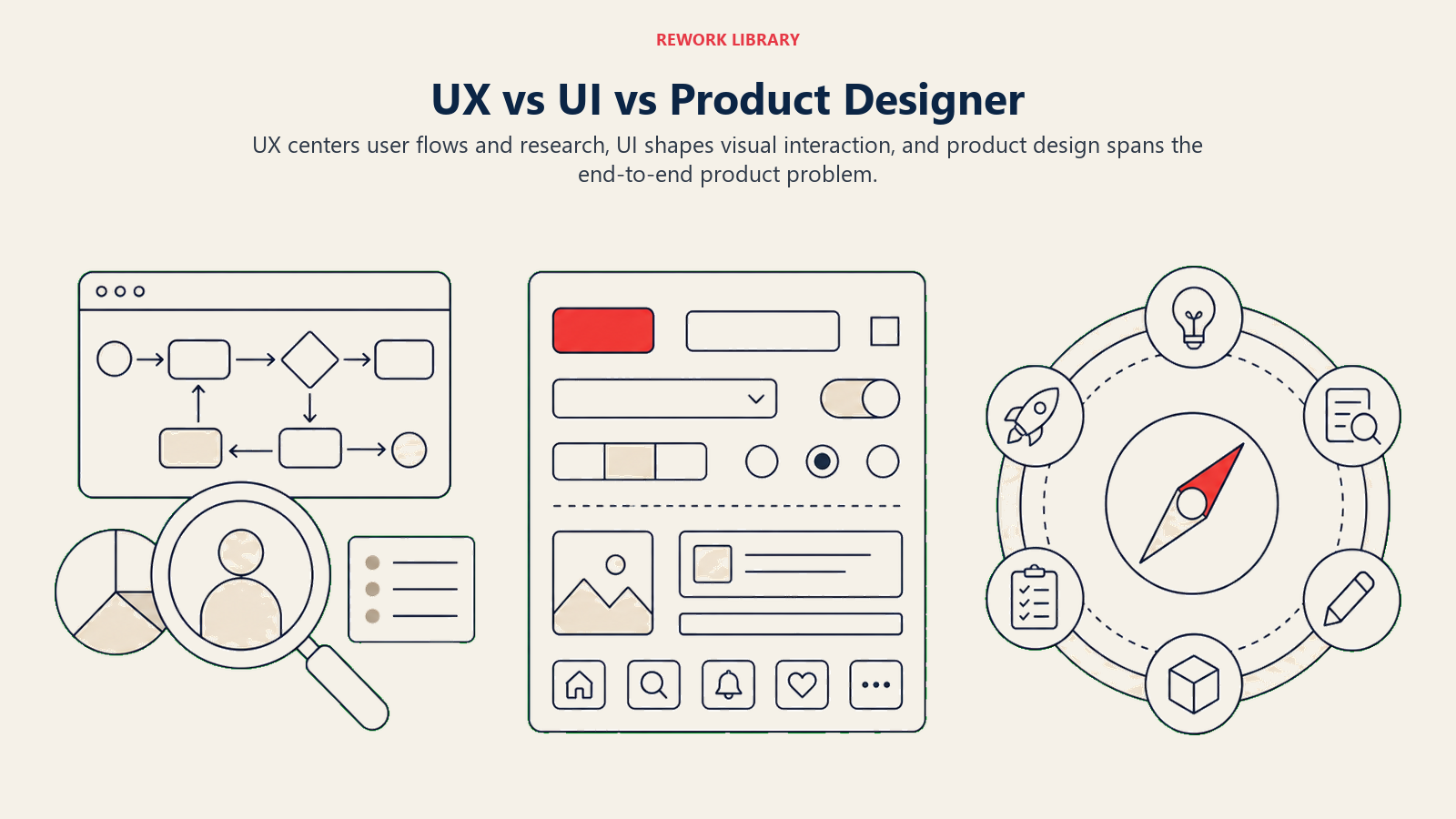 UX vs UI vs Product Designer illustration showing research and flows, visual systems, end-to-end product ownership.