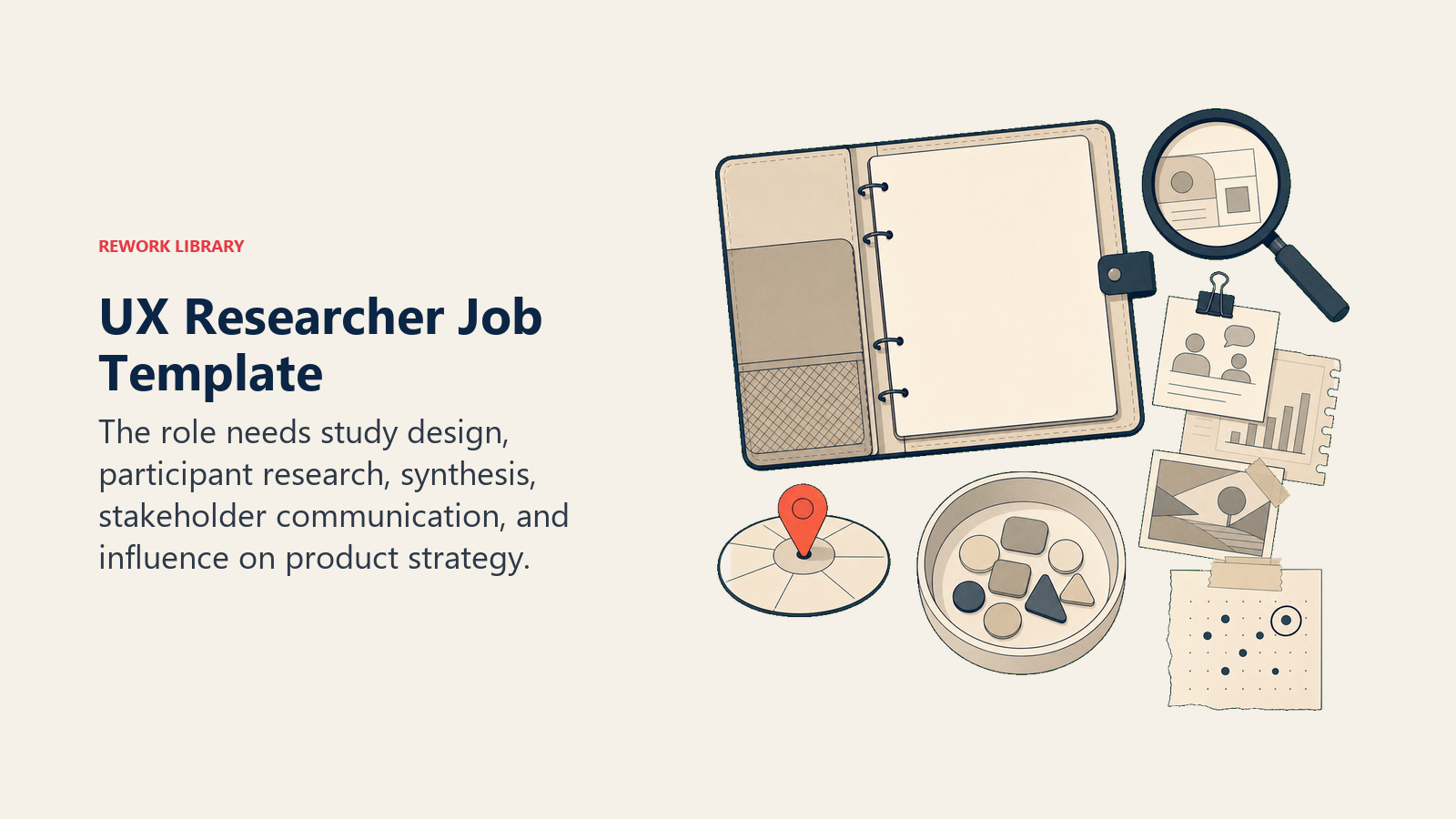 UX researcher job template shown as a fieldwork table for study design, evidence, synthesis, and decisions